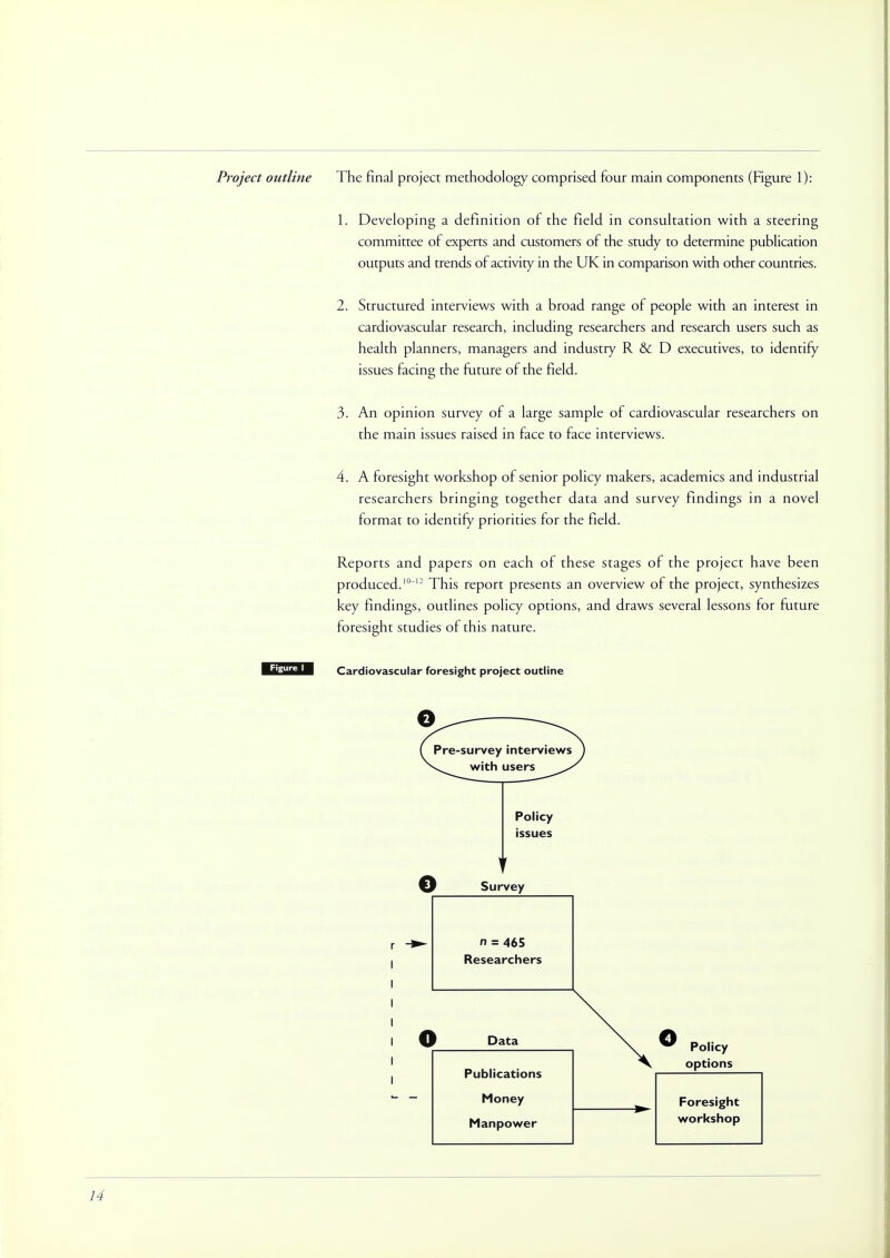 Project outline The final project methodology comprised four main components (Figure 1): 1. Developing a definition of the field in consultation with a steering committee of experts and customers of the study to determine publication outputs and trends of activity in the UK in comparison with other countries. 2. Structured interviews with a broad range of people with an interest in cardiovascular research, including researchers and research users such as health planners, managers and industry R&D executives, to identify issues facing the future of the field. 3. An opinion survey of a large sample of cardiovascular researchers on the main issues raised in face to face interviews. 4. A foresight workshop of senior policy makers, academics and industrial researchers bringing together data and survey findings in a novel format to identify priorities for the field. Reports and papers on each of these stages of the project have been produced.1012 This report presents an overview of the project, synthesizes key findings, outlines policy options, and draws several lessons for future foresight studies of this nature. Cardiovascular foresight project outline Pre-survey interviews with users Policy issues Survey n = 465 Researchers Data Publications Money Manpower ► Policy options Foresight workshop