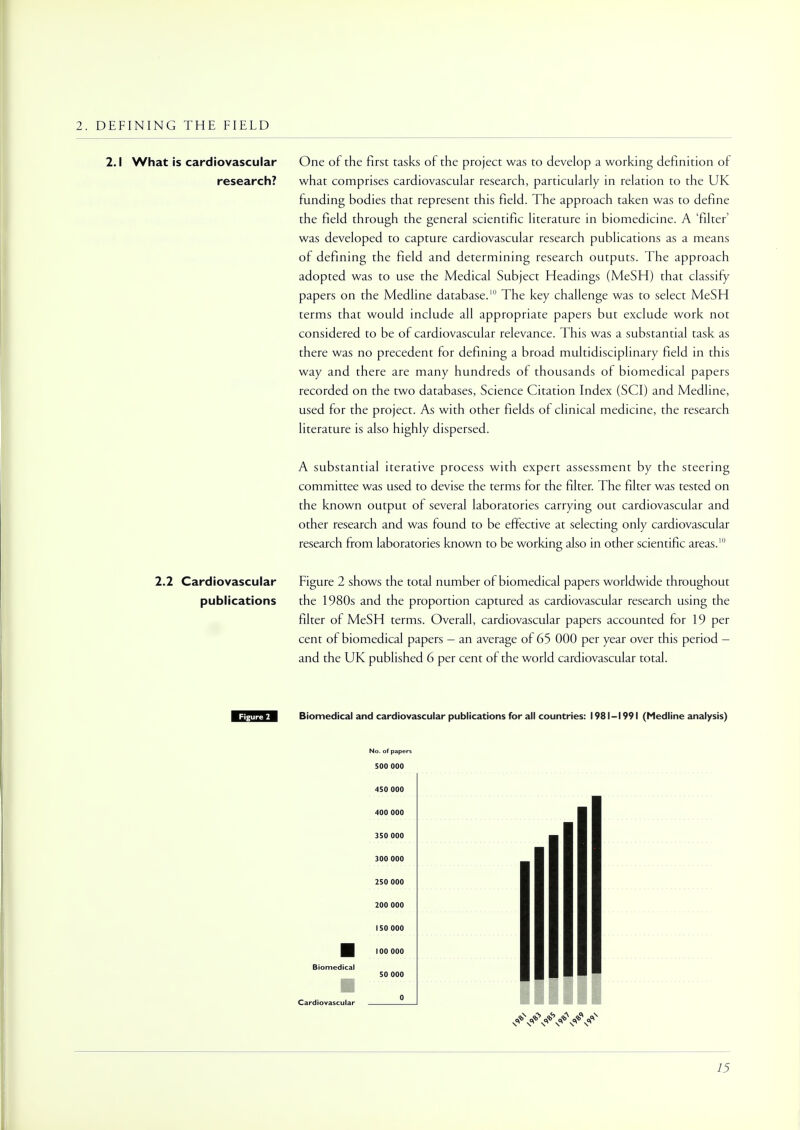 2. DEFINING THE FIELD 2.1 What is cardiovascular research? One of the first tasks of the project was to develop a working definition of what comprises cardiovascular research, particularly in relation to the UK funding bodies that represent this field. The approach taken was to define the field through the general scientific literature in biomedicine. A 'filter was developed to capture cardiovascular research publications as a means of defining the field and determining research outputs. The approach adopted was to use the Medical Subject Headings (MeSH) that classify papers on the Medline database.10 The key challenge was to select MeSH terms that would include all appropriate papers but exclude work not considered to be of cardiovascular relevance. This was a substantial task as there was no precedent for defining a broad multidisciplinary field in this way and there are many hundreds of thousands of biomedical papers recorded on the two databases, Science Citation Index (SCI) and Medline, used for the project. As with other fields of clinical medicine, the research literature is also highly dispersed. A substantial iterative process with expert assessment by the steering committee was used to devise the terms for the filter. The filter was tested on the known output of several laboratories carrying out cardiovascular and other research and was found to be effective at selecting only cardiovascular research from laboratories known to be working also in other scientific areas.10 2.2 Cardiovascular publications Figure 2 shows the total number of biomedical papers worldwide throughout the 1980s and the proportion captured as cardiovascular research using the filter of MeSH terms. Overall, cardiovascular papers accounted for 19 per cent of biomedical papers - an average of 65 000 per year over this period - and the UK published 6 per cent of the world cardiovascular total. Biomedical and cardiovascular publications for all countries: 1981-1991 (Medline analysis) diovascular No. of papers 500 000 450 000 400 000 350 000 300 000 250 000 200 000 150 000 100 000 50 000 ^^^^^^