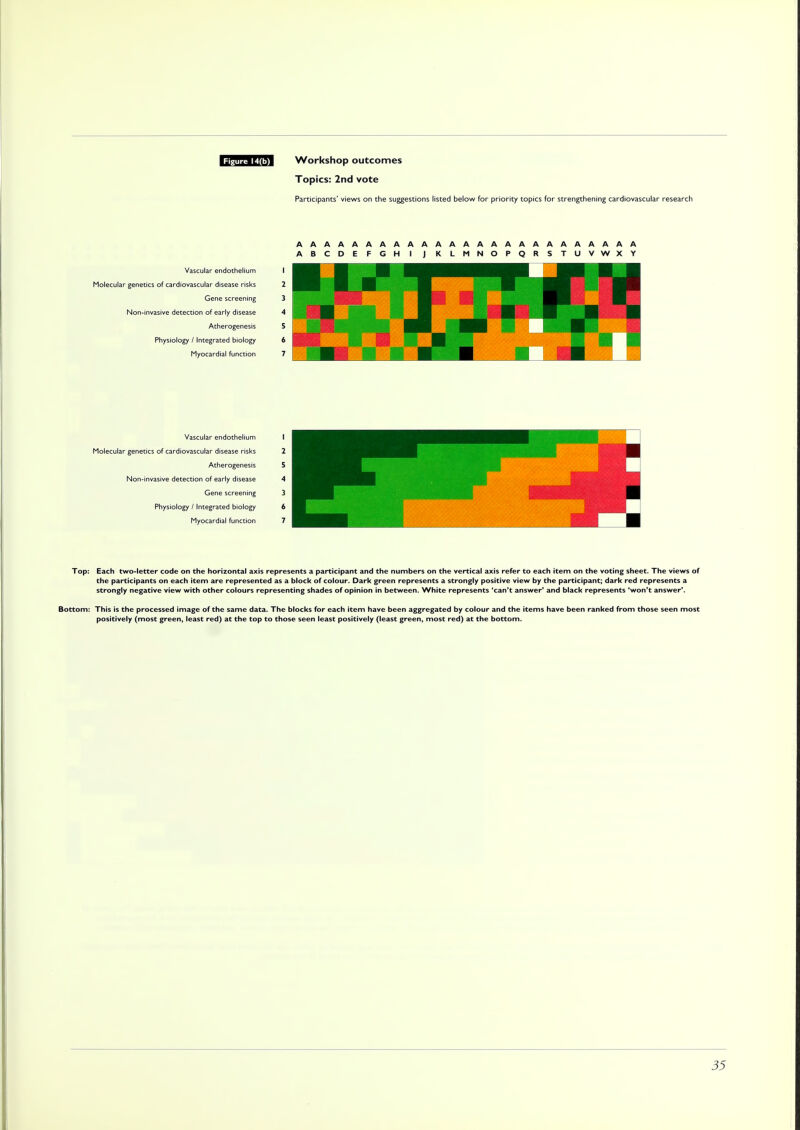 Topics: 2nd vote Participants' views on the suggestions listed below for priority topics for strengthening cardiovascular research AAAAAAAAAAAAAAAAAAAAAAAAA ABCDE FGH I J K LMNOPQR STUVWXY Vascular endothelium Molecular genetics of cardiovascular disease risks Gene screening Non-invasive detection of early disease Atherogenesis Physiology / Integrated biology Myocardial function Vascular endothelium Molecular genetics of cardiovascular disease risks Atherogenesis Non-invasive detection of early disease Gene screening Physiology / Integrated biology Myocardial function Top: Each two-letter code on the horizontal axis represents a participant and the numbers on the vertical axis refer to each item on the voting sheet. The views of the participants on each item are represented as a block of colour. Dark green represents a strongly positive view by the participant; dark red represents a strongly negative view with other colours representing shades of opinion in between. White represents 'can't answer' and black represents 'won't answer'. Bottom: This is the processed image of the same data. The blocks for each item have been aggregated by colour and the items have been ranked from those seen most positively (most green, least red) at the top to those seen least positively (least green, most red) at the bottom.