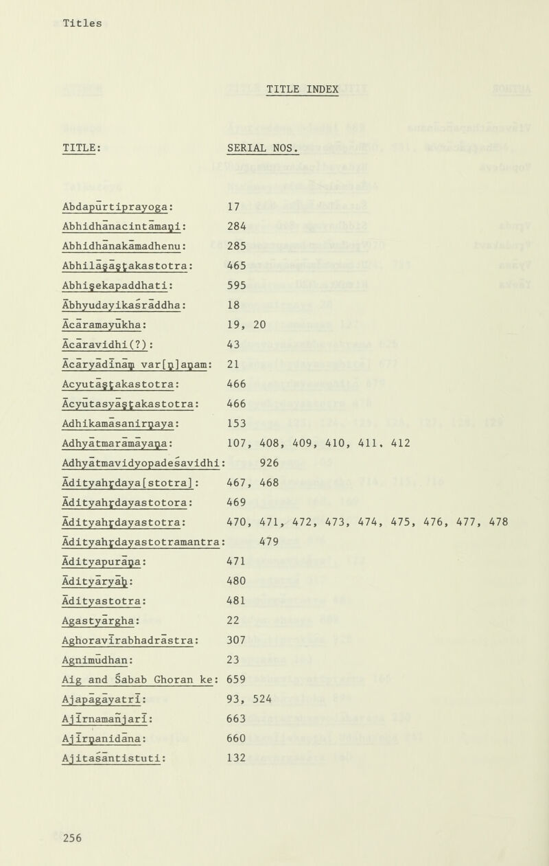 TITLE INDEX TITLE: SERIAL NOS. Abdapurtiprayoga: 17 Abhidhanacintama^i: 284 Abhidhanakamadhenu: 285 Abhila§a§takastotra: 465 Abhi§ekapaddhati: 595 Abhyudayikasraddha: 18 Acaramayukha: 19, 20 Acaravidhi(?): 43 Acaryadinaip var [5] a^iam: 21 Acyuta§takastotra: 466 Acyutasya§takastotra: 466 Adhikamasanirijaya: 153 Adhyatmaramaya^a: 107, 408 Adhyatmavidyopadesavidhi l 926 Adityahfdaya[stotra]: 467, 468 Adityahfdayastotora: 469 Adityahfdayastotra: 470, 471 Adityahrdayastotramantra 479 Adityapura^a: 471 Adityaryalj: 480 Adityastotra: 481 Agastyargha: 22 Aghoravirabhadrastra: 307 Agnimudhan: 23 Aig and Sabab Ghoran ke: 659 Ajapagayatri: 93, 524 Ajirnamanjari: 663 Aj irijanidana: 660 Aj itasantistuti: 132