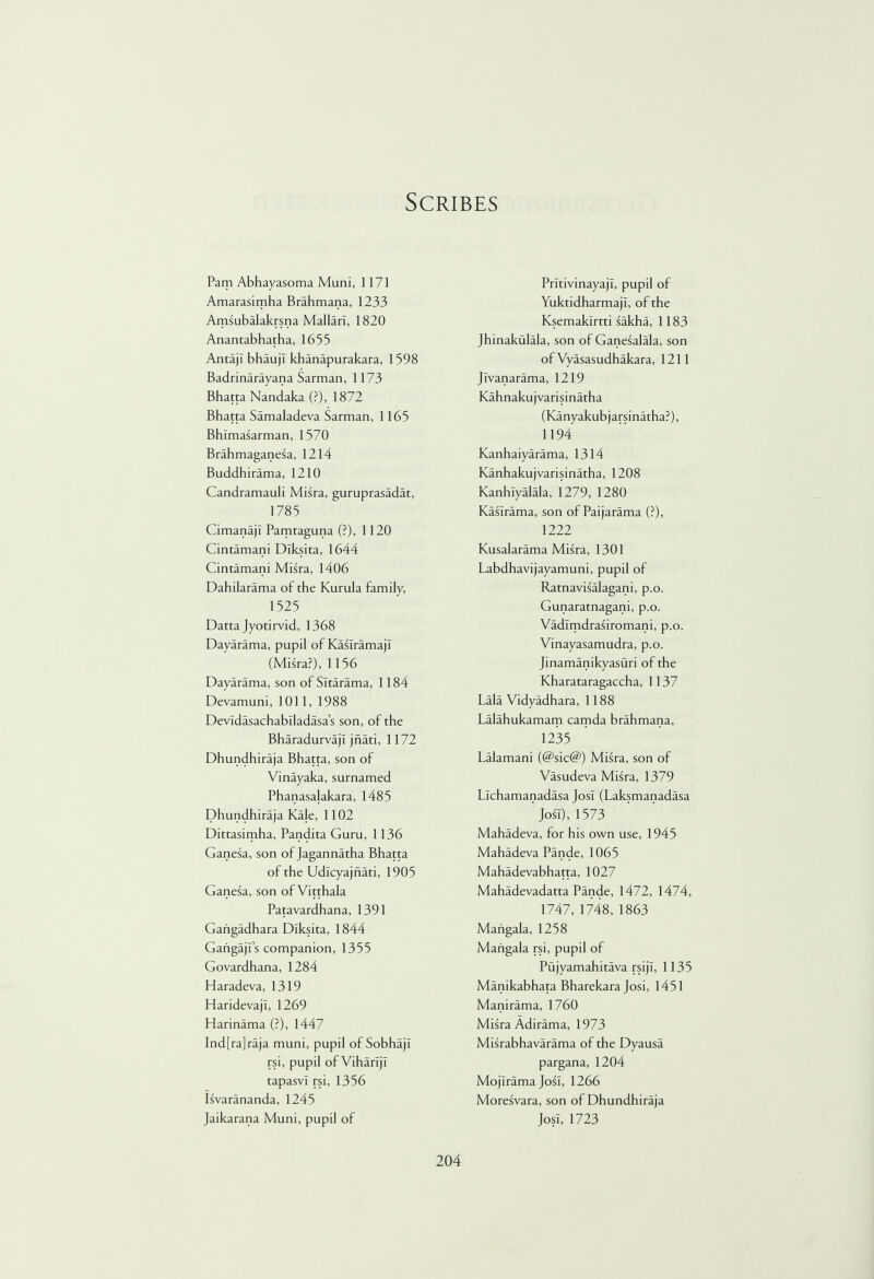 Scribes Pam Abhayasoma Muni, 1171 Amarasimha Brahmana, 1233 Amsubalakrsna Mallarl, 1820 Anantabhatha, 1655 AntajI bhaujl khanapurakara, 1598 Badrinarayana Sarman, 1173 Bhatta Nandaka (?), 1872 Bhatta Samaladeva Sarman, 1165 Bhlmasarman, 1570 Brahmaganesa, 1214 Buddhirama, 1210 Candramauli Misra, guruprasadat, 1785 CimanajI Pamtaguna (?), 1120 Cintamani Dlksita, 1644 Cintamani Misra, 1406 Dahilarama of the Kurula family, 1525 Datta Jyotirvid, 1368 Dayarama, pupil of Kaslramaji (Misra?), 1156 Dayarama, son of Sltarama, 1184 Devamuni, 1011, 1988 Devldasachablladasa’s son, of the BharadurvajT jiiati, 1172 Dhundhiraja Bhatta, son of Vinayaka, surnamed Phanasalakara, 1485 Dhundhiraja Kaje, 1102 Dittasimha, Pandita Guru, 1136 Ganesa, son of Jagannatha Bhatta of the Udlcyajnati, 1905 Ganesa, son of Vitthala Patavardhana, 1391 Gangadhara Dlksita, 1844 Gangajl’s companion, 1355 Govardhana, 1284 Haradeva, 1319 HaridevajI, 1269 Harinama (?), 1447 Ind[ra]raja muni, pupil of Sobhaji rsi, pupil of Vihariji tapasvl rsi, 1356 Isvarananda, 1245 Jaikarana Muni, pupil of Prltivinayajl, pupil of Yuktidharmaji, of the Ksemaklrtti sakha, 1183 Jhinakulala, son of Ganesalala, son of Vyasasudhakara, 1211 Jlvanarama, 1219 Kahnakujvarisinatha (Kanyakubjarsinatha?), 1194 Kanhaiyarama, 1314 Kanhakujvarisinatha, 1208 Kanhlyalala, 1279, 1280 Kaslrama, son of Paijarama (?), 1222 Kusalarama Misra, 1301 Labdhavijayamuni, pupil of Ratnavisalagani, p.o. Gunaratnagani, p.o. Vadlmdrasiromani, p.o. Vinayasamudra, p.o. Jinamanikyasuri of the Kharataragaccha, 1137 Lala Vidvadhara, 1188 Lalahukamam camda brahmana, 1235 Laiamani (@sic@) Misra, son of Vasudeva Misra, 1379 Llchamanadasa JosI (Laksmanadasa JosI), 1573 Mahadeva, for his own use, 1945 Mahadeva Pande, 1065 Mahadevabhatta, 1027 Mahadevadatta Pande, 1472, 1474, 1747, 1748, 1863 Maiigala, 1258 Maiigala rsi, pupil of Pujyamahitava rsiji, 1135 Manikabhata Bharekara Josi, 1451 Manirama, 1760 Misra Adirama, 1973 Misrabhavarama of the Dyausa pargana, 1204 Mojlrama Josi, 1266 Moresvara, son of Dhundhiraja Josi, 1723