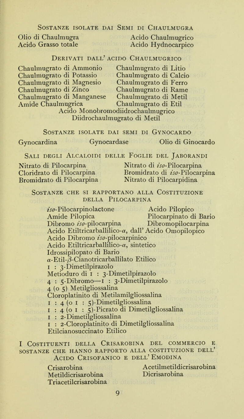 Sostanze isolate dai Semi di Chaulmugra Olio di Chaulmugra Acido Chaulmugrico Acido Grasso totale Acido Hydnocarpico Derivati dall' acido Chaulmugrico Chaulmugrato di Ammonio Chaulmugrato di Litio Chaulmugrato di Potassio Chaulmugrato di Calcio Chaulmugrato di Magnesio Chaulmugrato di Ferro Chaulmugrato di Zinco Chaulmugrato di Rame Chaulmugrato di Manganese Chaulmugrato di Metil Amide Chaulmugrica Chaulmugrato di Etil Acido Monobromodiidrochaulmugrico Diidrochaulmugrato di Metil Sostanze isolate dai semi di Gynocardo Gynocardina Gynocardase Olio di Ginocardo Sali degli Alcaloidi delle Foglie del Jaborandi Nitrato di Pilocarpina Nitrato di 2j-f?-Pilocarpina Cloridrato di Pilocarpina Bromidrato di /i-^?-Pilocarpina Bromidrato di Pilocarpina Nitrato di Pilocarpidina Sostanze che si rapportano alla Costituzione DELLA Pilocarpina ?j^-Pilocarpinolactone Acido Pilopico Amide Pilopica Pilocarpinato di Bario Dibromo /j-^?-pilocarpina Dibromopilocarpina Acido Etiltricarballilico-a, dall' Acido Omopilopico Acido Dibromo ?i-^7-pilocarpinico Acido Etiltricarballilico-a, sintetico Idrossipilopato di Bario a-Etil-^-Cianotricarballilato Etilico i : 3-Dimetilpirazolo Metioduro di i : 3-Dimetilpirazolo 4 : 5-Dibromo—I : 3-Dimetilpirazolo 4 (o 5) Metilgliossalina Cloroplatinito di Metilamilgliossalina i : 4 (o i : 5)-Dimetilgliossalina I : 4 (o I : 5)-Picrato di Dimetilgliossalina I : 2-Dimetilgliossalina I : 2-Cloroplatinito di Dimetilgliossalina Etilcianosuccinato Etilico I Costituenti della Crisarobina del commercio e sostanze che hanno rapporto alla costituzione dell' Acido Crisofanico e dell' Emodina Crisarobina Acetilmetildicrisarobina Metildicrisarobina Dicrisarobina Triacetilcrisarobina