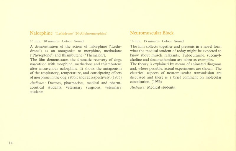 Nalorphine 'Lethidrone' (N-Allylnormorphinc) 16 mm. 10 minutes Colour Sound A demonstration of the action of nalorphine ('Lethi- drone') as an antagonist to morphine, methadone ('Physeptone') and thiambutene ('Themalon'). The film demonstrates the dramatic recovery of dogs narcotised with morphine, methadone and thiambutene after intravenous nalorphine. It shows the antagonism of the respiratory, temperature, and constipating effects of morphine in the dog, rabbit and rat respectively. (1953) Audience: Doctors, pharmacists, medical and pharm- students. Neuromuscular Block 16 mm. 15 minutes Colour Sound The film collects together and presents in a novel form what the medical student of today might be expected to know about muscle relaxants. Tubocurarine, succinyl- choline and decamethonium are taken as examples. The theory is explained by means of animated diagrams and, where possible, actual experiments are shown. The electrical aspects of neuromuscular transmission are discussed and there is a brief comment on molecular constitution. (1956)