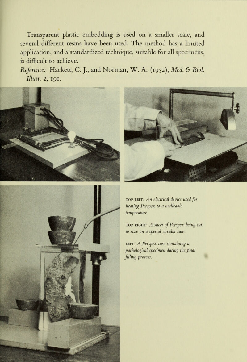 Transparent plastic embedding is used on a smaller scale, and several different resins have been used. The method has a hmited application, and a standardized technique, suitable for all specimens, is difficult to achieve. Reference: Hackett, C. J., and Norman, W. A. (1952), Med. & Biol Illust. 2, 191. top left: An electrical device used for heating Perspex to a malleable temperature. top right: A sheet of Perspex being cut to size on a special circular saw. left: A Perspex case containing a pathological specimen during the final filling process.