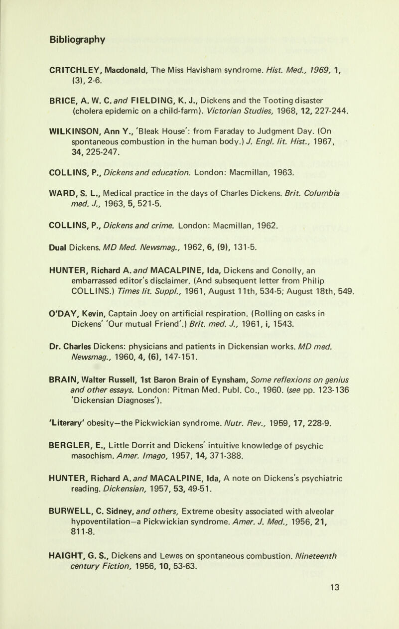 Bibliography CR ITCH LEY, Macdonald, The Miss Havisham syndrome. Hist. Med., 1969, 1, (3), 2-6. BRICE, A. W. C.and FIELDING, K. J., Dickens and the Tooting disaster (cholera epidemic on a child-farm). Victorian Studies, 1968, 12, 227-244. WILKINSON, Ann Y., 'Bleak House': from Faraday to Judgment Day. (On spontaneous combustion in the human body.) J. Engl. lit. Hist., 1967, 34, 225-247. COLLINS, P., Dickens and education. London: Macmillan, 1963. WARD, S. L., Medical practice in the days of Charles Dickens. Brit. Columbia med.J., 1963, 5, 521-5. COLLINS, P., Dickens and crime. London: Macmillan, 1962. Dual Dickens. MD Med. Newsmag., 1962, 6, (9), 131-5. HUNTER, Richard A. and MACALPINE, Ida, Dickens and Conolly, an embarrassed editor's disclaimer. (And subsequent letter from Philip COLLINS.) Times lit. Suppl., 1961, August 11th, 534-5; August 18th, 549. O'DAY, Kevin, Captain Joey on artificial respiration. (Rolling on casks in Dickens' 'Our mutual Friend'.) Brit. med. J., 1961, i, 1543. Dr. Charles Dickens: physicians and patients in Dickensian works. MD med. Newsmag., 1960, 4, (6), 147-151. BRAIN, Walter Russell, 1st Baron Brain of Eynsham, Some reflexions on genius and other essays. London: Pitman Med. Publ. Co., 1960. (see pp. 123-136 'Dickensian Diagnoses'). 'Literary' obesity-the Pickwickian syndrome. Nutr. Rev., 1959, 17, 228-9. BERGLER, E., Little Dorritand Dickens' intuitive knowledge of psychic masochism. Amer. Imago, 1957, 14, 371-388. HUNTER, Richard A. and MACALPINE, Ida, A note on Dickens's psychiatric reading. Dickensian, 1957, 53, 49-51. BURWELL, C. Sidney, and others, Extreme obesity associated with alveolar hypoventilation—a Pickwickian syndrome. Amer. J. Med., 1956, 21, 811-8. HAIGHT, G. S., Dickens and Lewes on spontaneous combustion. Nineteenth century Fiction, 1956, 10, 53-63.