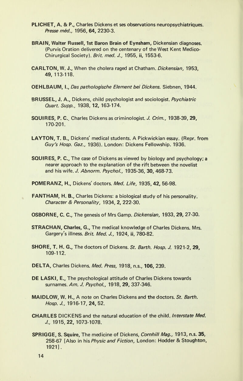 PLICHET, A. & P., Charles Dickens et ses observations neuropsychiatriques. Presse med., 1956, 64, 2230-3. BRAIN, Walter Russell, 1st Baron Brain of Eynsham, Dickensian diagnoses. (Purvis Oration delivered on the centenary of the West Kent Medico- Chirurgical Society). Brit, med. J., 1955, ii, 1553-6. CARLTON, W. J., When the cholera raged at Chatham. Dickensian, 1953, 49, 113-118. OEHLBAUM, I., Das pathologische Element bei Dickens. Siebnen, 1944. BRUSSEL, J. A., Dickens, child psychologist and sociologist. Psychiatric Quart. Supp., 1938, 12, 163-174. SQUIRES, P. C. Charles Dickens as criminologist. J. Crim., 1938-39, 29, 170-201. LAYTON, T. B., Dickens' medical students. A Pickwickian essay. (Repr. from Guy's Hosp. Gaz., 1936). London: Dickens Fellowship. 1936. SQUIRES, P. C, The case of Dickens as viewed by biology and psychology; a nearer approach to the explanation of the rift between the novelist and his wife. J. Abnorm. Psychol., 1935-36, 30, 468-73. POMERANZ, H., Dickens' doctors. Med. Life, 1935, 42, 56-98. FANTHAM, H. B., Charles Dickens: a biological study of his personality. Character & Personality, 1934, 2, 222-30. OSBORNE, C. C, The genesis of Mrs Gamp. Dickensian, 1933, 29, 27-30. STRACHAN, Charles, G., The medical knowledge of Charles Dickens. Mrs. Gargery's illness. Brit. Med. J., 1924, ii, 780-82. SHORE, T. H. G., The doctors of Dickens. St. Barth. Hosp. J. 1921-2, 29, 109-112. DELTA, Charles Dickens. Med. Press, 1918, n.s., 106, 239. DE LASKI, E., The psychological attitude of Charles Dickens towards surnames. Am. J. Psychol., 1918, 29, 337-346. MA ID LOW, W. H., A note on Charles Dickens and the doctors. St. Barth. Hosp. J., 1916-17, 24, 52. CHARLES DICKENS and the natural education of the child. Interstate Med. J., 1915,22, 1073-1078. SPRIGGE, S. Squire, The medicine of Dickens, Cornhill Mag., 1913, n.s. 35, 258-67 [Also in his Physic and Fiction, London: Hodder & Stoughton, 1921].