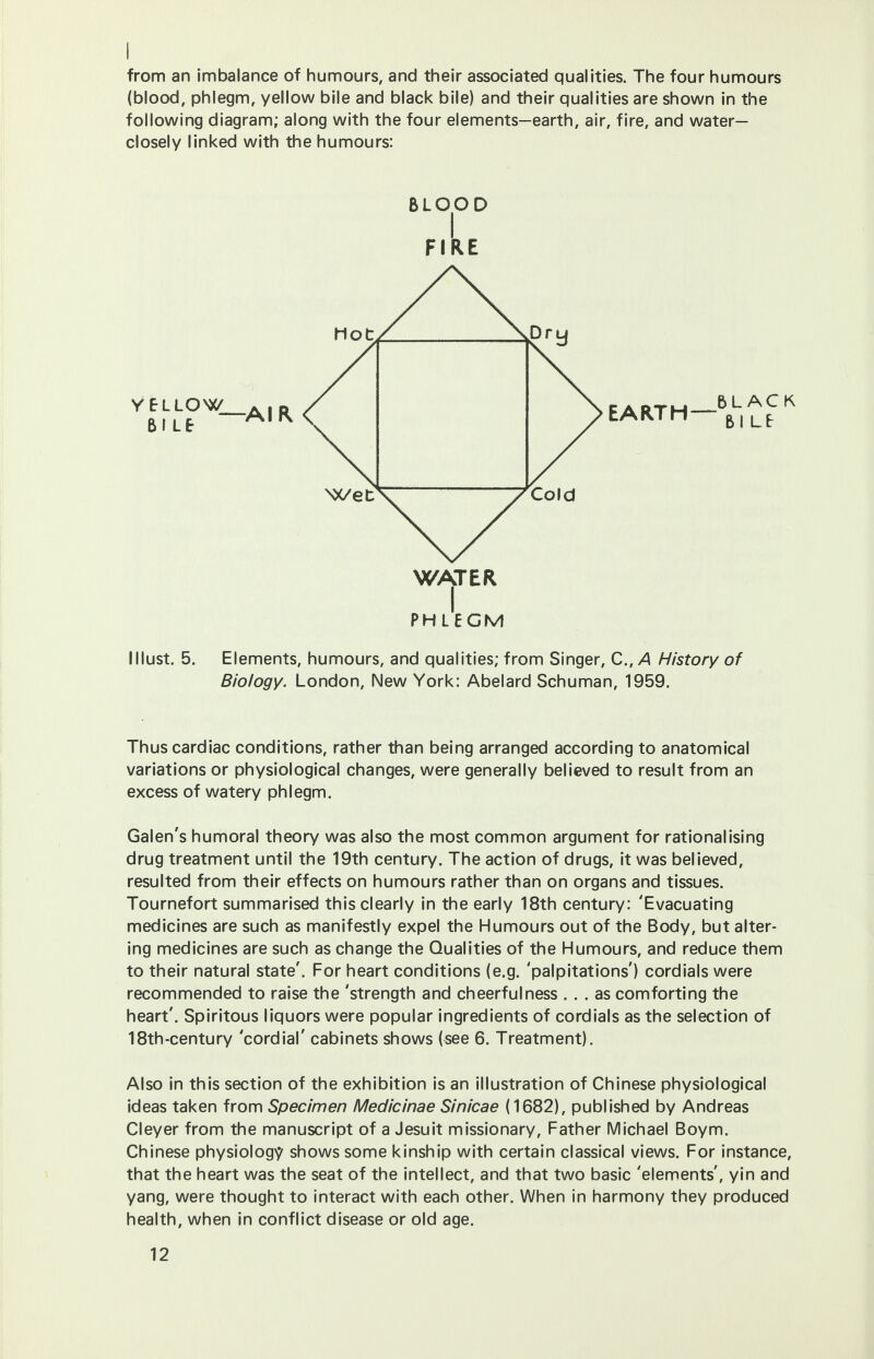 from an imbalance of humours, and their associated qualities. The four humours (blood, phlegm, yellow bile and black bile) and their qualities are shown in the following diagram; along with the four elements—earth, air, fire, and water- closely linked with the humours: BLOOD FIRE WATER PHLEGM I Must. 5. Elements, humours, and qualities; from Singer, C.,A History of Biology. London, New York: Abelard Schuman, 1959. Thus cardiac conditions, rather than being arranged according to anatomical variations or physiological changes, were generally believed to result from an excess of watery phlegm. Galen's humoral theory was also the most common argument for rationalising drug treatment until the 19th century. The action of drugs, it was believed, resulted from their effects on humours rather than on organs and tissues. Tournefort summarised this clearly in the early 18th century: 'Evacuating medicines are such as manifestly expel the Humours out of the Body, but alter- ing medicines are such as change the Qualities of the Humours, and reduce them to their natural state'. For heart conditions (e.g. 'palpitations') cordials were recommended to raise the 'strength and cheerfulness ... as comforting the heart'. Spiritous liquors were popular ingredients of cordials as the selection of 18th-century 'cordial' cabinets shows (see 6. Treatment). Also in this section of the exhibition is an illustration of Chinese physiological ideas taken from Specimen Medicinae Sinicae (1682), published by Andreas Cleyer from the manuscript of a Jesuit missionary, Father Michael Boym. Chinese physiology shows some kinship with certain classical views. For instance, that the heart was the seat of the intellect, and that two basic 'elements', yin and yang, were thought to interact with each other. When in harmony they produced health, when in conflict disease or old age.