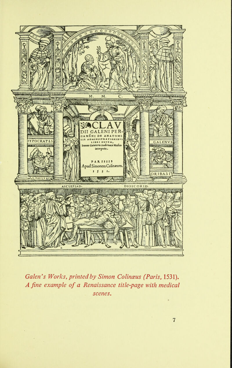 Galen's Works, printed by Simon Colinceus (Paris, 1531). A fine example of a Renaissance title-page with medical scenes.