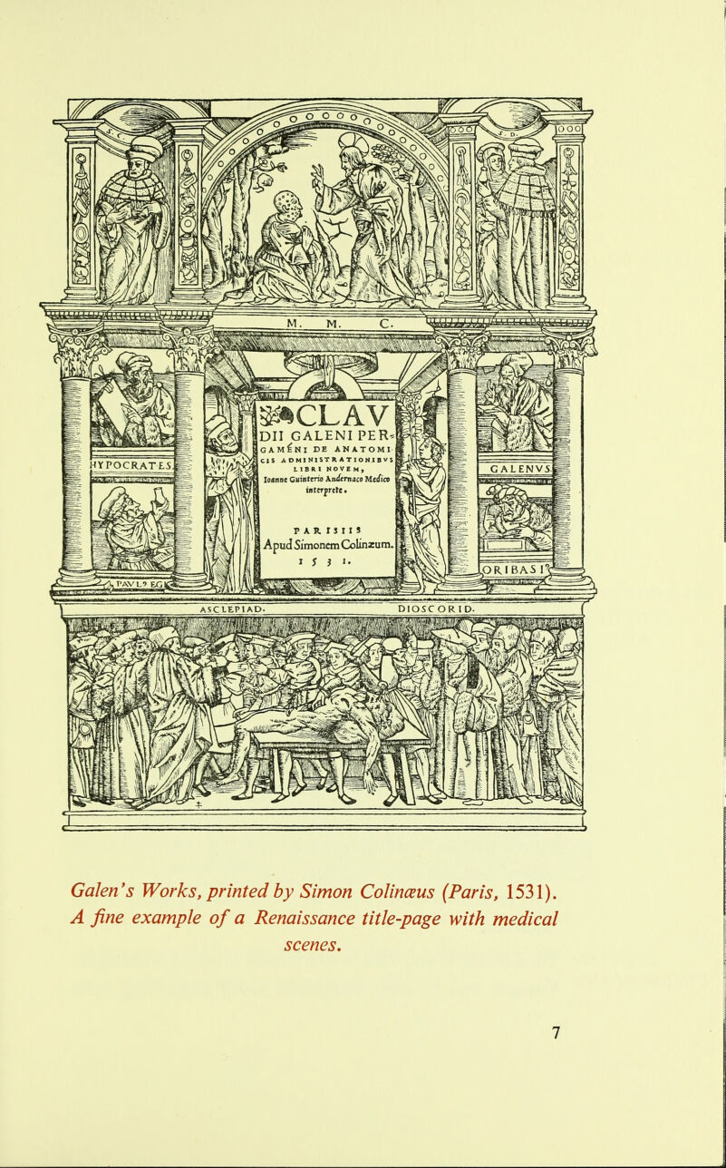 Galen's Works, printed by Simon Colinceus (Paris, 1531). A fine example of a Renaissance title-page with medical scenes.