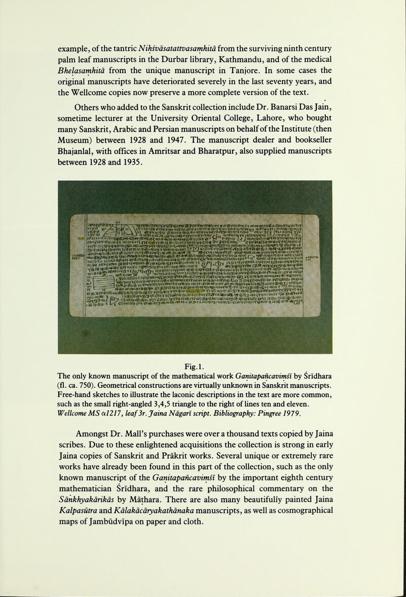 example, of the tantric Nihsvdsatattvasamhitd from the surviving ninth century palm leaf manuscripts in the Durbar library, Kathmandu, and of the medical Bhelasamhitd from the unique manuscript in Tanjore. In some cases the original manuscripts have deteriorated severely in the last seventy years, and the Wellcome copies now preserve a more complete version of the text. Others who added to the Sanskrit collection include Dr. Banarsi Das Jain, sometime lecturer at the University Oriental College, Lahore, who bought many Sanskrit, Arabic and Persian manuscripts on behalf of the Institute (then Museum) between 1928 and 1947. The manuscript dealer and bookseller Bhajanlal, with offices in Amritsar and Bharatpur, also supplied manuscripts between 1928 and 1935. Fig.l. The only known manuscript of the mathematical work Ganitapancavimsi by Sridhara (fl. ca. 750). Geometrical constructions are virtually unknown in Sanskrit manuscripts. Free-hand sketches to illustrate the laconic descriptions in the text are more common, such as the small right-angled 3,4,5 triangle to the right of lines ten and eleven. Wellcome MS al217, leaf 3r. Jaina Ndgari script. Bibliography: Pingree 1979. Amongst Dr. Mall's purchases were over a thousand texts copied by Jaina scribes. Due to these enlightened acquisitions the collection is strong in early Jaina copies of Sanskrit and Prakrit works. Several unique or extremely rare works have already been found in this part of the collection, such as the only known manuscript of the Ganitapancavimsi by the important eighth century mathematician Sridhara, and the rare philosophical commentary on the Sdnkhyakdrikds by Mathara. There are also many beautifully painted Jaina Kalpasutra and Kdlakdcdryakathdnaka manuscripts, as well as cosmographical maps of Jambudvlpa on paper and cloth.