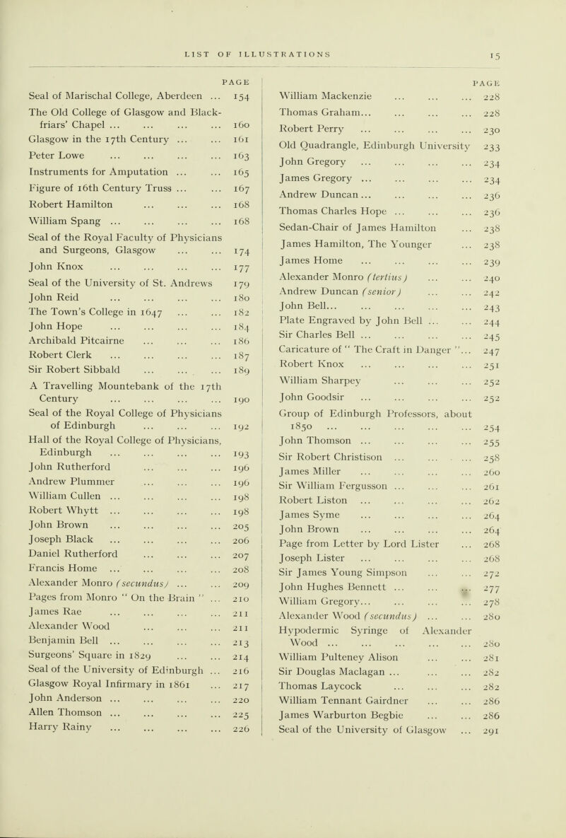 Seal of Marischal College, Aberdeen .. The Old College of Glasgow and Black friars' Chapel ... Glasgow in the 17th Century ... Peter Lowe Instruments for Amputation ... Figure of i6th Century Truss ... Robert Hamilton William Spang ... Seal of the Royal Facult}^ of Physician and Surgeons, Glasgow John Knox Seal of the University of St. Andrews John Reid The Town's College in 1647 John Hope Archibald Pitcairne Robert Clerk Sir Robert Sibbald ... ... A Travelling Mountebank of the 17th Century Seal of the Royal College of Physicians of Edinburgh Hall of the Royal College of Physicians Edinburgh John Rutherford Andrew Plummer William Cullen ... Robert Whytt John Brown Joseph Black Daniel Rutherford Francis Home Alexander Monro (secundusJ ... Pages from Monro  On the Brain  James Rae Alexander Wood Benjamin Bell ... Surgeons' Square in 1829 Seal of the University of Edinburgh Glasgow Royal Infirmary in 1861 John Anderson ... Allen Thomson ... Harry Rainy ■AGE 154 160 161 163 165 167 168 168 174 177 179 180 182 184 186 187 189 190 192 193 196 196 198 198 205 206 207 208 209 210 211 211 213 214 216 217 220 225 226 William Mackenzie Thomas Graham... Robert Perry Old Quadrangle, Edinburgh University John Gregory James Gregory ... Andrew Duncan... Thomas Charles Hope ... Sedan-Chair of James Hamilton James Hamilton, The Younger James Home Alexander Monro (tertius) Andrew Duncan (senior) John Bell Plate Engraved by John Bell ... Sir Charles Bell ... Caricature of  The Craft in Danger .. Robert Knox William Sharpey John Goodsir Group of Edinburgh Professors, about 1850 John Thomson ... Sir Robert Christison James Miller Sir William Fergusson ... Robert Liston James Syme John Brown Page from Letter by Lord Lister Joseph Lister Sir James Young Simpson John Hughes Bennett ... William Gregory... Alexander Wood (secundus) ... Hypodermic Syringe of Alexander Wood William Pulteney Alison Sir Douglas Maclagan ... Thomas Laycock William Tennant Gairdner James Warburton Begbie Seal of the University of Glasgow