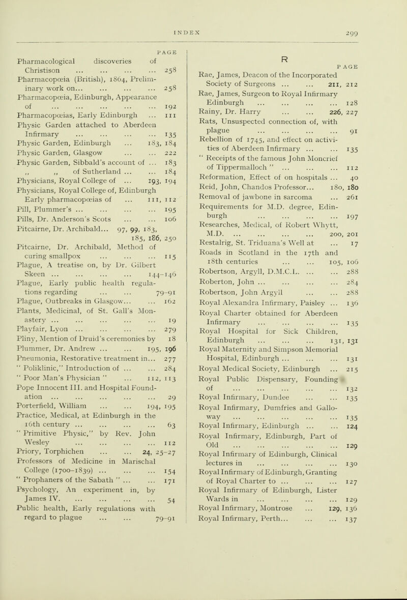 PAGE Pharmacological discoveries of Christison ... ... ... ... 258 Pharmacopoeia (British), 1864, Prelim- inary work on... ... ... ... 258 Pharmacopoeia, Edinburgh, Appearance of ... ... ... ... ... 192 Pharmacopoeias, Early Edinburgh ... 111 Physic Garden attached to Aberdeen Infirmary ... ... ... ... 135 Physic Garden, Edinburgh ... 183, 184 Physic Garden, Glasgow ... ... 222 Physic Garden, Sibbald's account of ... 183 of Sutherland ... ... 184 Physicians, Royal College of ... 193, 194 Physicians, Royal College of, Edinburgh Early pharmacopoeias of ... 111, 112 Pill, Plummer's ... ... ... ... 195 Pills, Dr. Anderson's Scots ... ... 106 Pitcairne, Dr. Archibald... 97,99, i^3' 185, 186, 250 Pitcairne, Dr. Archibald, Method of curing smallpox ... ... ... 115 Plague, A treatise on, by Dr. Gilbert Skeen ... ... ... ... 144-146 Plague, Early public health regula- tions regarding ... ... 79-91 Plague, Outbreaks in Glasgow... ... 162 Plants, iVIedicinal, of St. Gall's Mon- astery ... ... ... ... ... 19 Playfair, Lyon ... ... ... ... 279 Pliny, ^Mention of Druid's ceremonies by 18 Plummer, Dr. Andrew ... ... 195, 196 Pneumonia, Restorative treatment in... 277  Poliklinic, Introduction of ... ... 284  Poor ]\Ian's Physician  ... 112, 113 Pope Innocent III. and Hospital Found- ation ... ... ... ... ... 29 Porterfield, William ... ... 194, 195 Practice, Medical, at Edinburgh in the 16th century ... ... ... ... 63  Primitive Physic, by Rev. John Wesley ... ... ... ... 112 Priory, Torphichen ... ... 24, 25-27 Professors of Medicine in Marischal College (1700-1839) ... ... ... 154  Prophaners of the Sabath ... ... 171 Psychology, An experiment in, by James IV. ... ... ... ... 54 Public health. Early regulations with regard to plague 79-91 R P AGE Rae, James, Deacon of the Incorporated Society of Surgeons ... ... 211, 212 Rae, James, Surgeon to Royal Infirmary Edinburgh ... ... ... ... 128 Rainy, Dr. Harry ... ... 226, 227 Rats, Unsuspected connection of, with plague 91 Rebellion of 1745, and effect on activi- ties of Aberdeen Infirmary ... ... 135  Receipts of the famous John Moncrief of Tippermalloch  ... ... ... 112 Reformation, Effect of on hospitals ... 40 Reid, John, Chandos Professor... 180, 180 Removal of jawbone in sarcoma ... 261 Requirements for M.D. degree, Edin- burgh 197 Researches, Medical, of Robert Whytt, M.D. ... ... ... ... 200, 201 Restalrig, St. Triduana's Well at ... 17 Roads in Scotland in the 17th and iSth centuries ... ... 105, 106 Robertson, Argyll, D.M.C.L 288 Roberton, John ... ... ... ... 284 Robertson, John Argyll ... ... 288 Royal Alexandra Infirmary, Paisley ... 136 Royal Charter obtained for Aberdeen Infirmary ... ... ... ... 135 Royal Hospital for Sick Children, Edinburgh ... ... ... 131, 131 Royal Maternity and Simpson Memorial Hospital, Edinburgh ... ... ... 131 Royal Medical Society, Edinburgh ... 215 Royal Public Dispensary, Founding of 132 Royal Infirmary, Dundee ... ... 135 Royal Infirmary, Dumfries and Gallo- way 135 Royal Infirmary, Edinburgh ... ... 124 Royal Infirmary, Edinburgh, Part of Old 129 Royal Infirmary of Edinburgh, Clinical lectures in ... ... ... ... 130 Royal Infirmary of Edinburgh, Granting of Royal Charter to ... ... ... 127 Royal Infirmary of Edinburgh, Lister Wards in ... ... ... ... 129 Royal Infirmary, Montrose ... 129, 136 Royal Infirmary, Perth... ... ... 137
