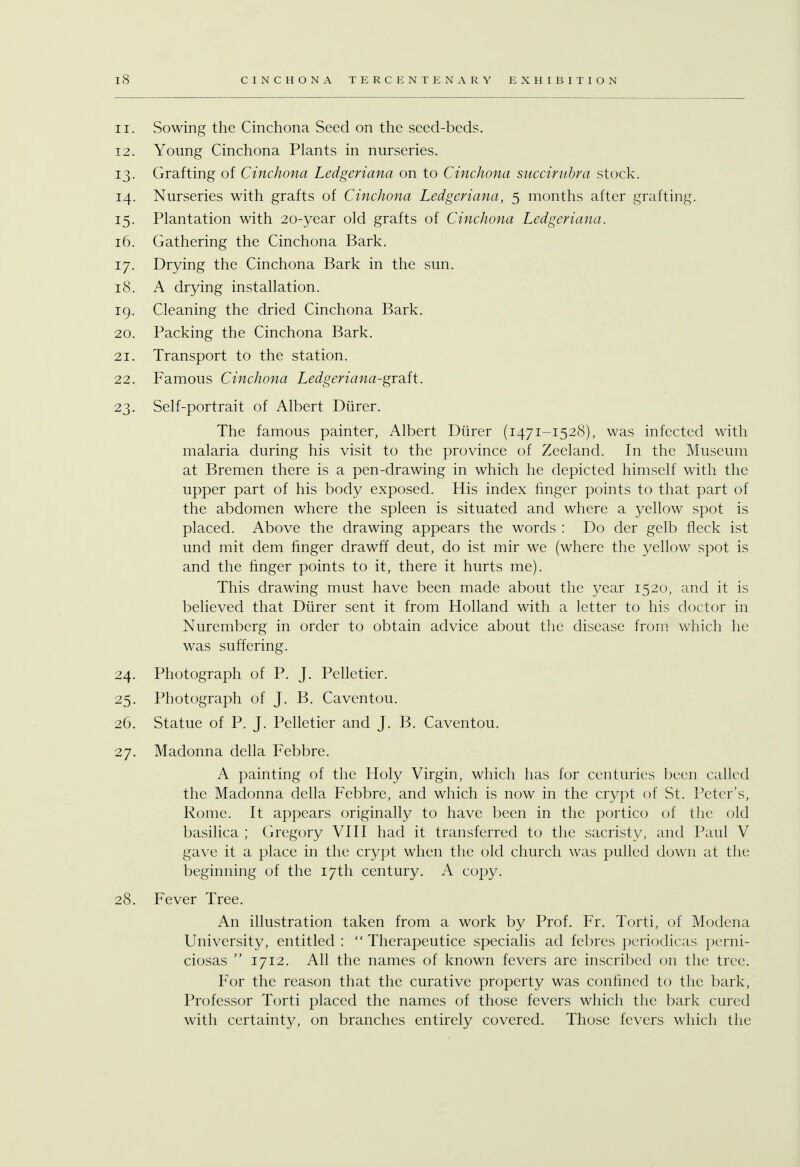 11. Sowing the Cinchona Seed on the seed-beds. 12. Young Cinchona Plants in nurseries. 13. Grafting of Cinchona Ledgeriana on to Cinchona succirubra stock. 14. Nurseries with grafts of Cinchona Ledgeriana, 5 months after grafting. 15. Plantation with 20-year old grafts of Cinchona Ledgeriana. 16. Gathering the Cinchona Bark. 17. Drying the Cinchona Bark in the sun. 18. A drying installation. 19. Cleaning the dried Cinchona Bark. 20. Packing the Cinchona Bark. 21. Transport to the station. 22. Famous Cinchona Ledgeriana-gra.it. 23. Self-portrait of Albert Diirer. The famous painter, Albert Diirer (1471-1528), was infected with malaria during his visit to the province of Zeeland. In the Museum at Bremen there is a pen-drawing in which he depicted himself with the upper part of his body exposed. His index finger points to that part of the abdomen where the spleen is situated and where a yellow spot is placed. Above the drawing appears the words : Do der gelb fleck ist und mit dem finger drawff deut, do ist mir we (where the yellow spot is and the finger points to it, there it hurts me). This drawing must have been made about the year 1520, and it is believed that Diirer sent it from Holland with a letter to his doctor in Nuremberg in order to obtain advice about the disease from which he was suffering. 24. Photograph of P. J. Pelletier. 25. Photograph of J. B. Caventou. 26. Statue of P. J. Pelletier and J. B. Caventou. 27. Madonna della Febbre. A painting of the Holy Virgin, which has for centuries been called the Madonna della Febbre, and which is now in the crypt of St. Peter's, Rome. It appears originally to have been in the portico of the old basilica ; Gregory VIII had it transferred to the sacristy, and Paul V gave it a place in the crypt when the old church was pulled down at the beginning of the 17th century. A copy. 28. Fever Tree. An illustration taken from a work by Prof. Fr. Torti, of Modena University, entitled:  Therapeutice specialis ad febres periodicas perni- ciosas  1712. All the names of known fevers are inscribed on the tree. For the reason that the curative property was confined to the bark, Professor Torti placed the names of those fevers which the bark cured with certainty, on branches entirely covered. Those fevers which the