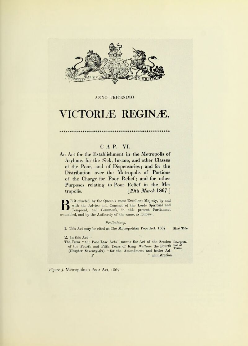 ANNO TKICESIJMO VICTORIA REGINiE. .».*-* *#*******»********************»****#*#*****-*»*** C A P. VI. An Act for the Establishment in the Metropolis of Asylums for the Sick, Insane, and other Classes of the Poor, and of Dispensaries; and for the Distribution over the Metropolis of Portions of the Charge for Poor Relief; and for other Purposes relating to Poor Relief in the Me- tropolis. [29th March 1867-] BE it enacted by the Queen's most Excellent Majesty, by and with the Advice and Consent of the Lords Spiritual and Temporal, and Commons, in this present Parliament assembled, and by the Authority of the same, as follows : ^Preliminary. 1. This Act may be cited as The Metropolitan Poor Act, 18G7. Short Title. 2. In this Act— The Term  the Poor Law Acts  means the Act of the Session Interpreta- of the Fourth and Fifth Years of King William the Fourth £°™f (Chapter Seventy-six)  for the Amendment and better Ad- P  ministration igure j. Metropolitan Poor Act, 1867.