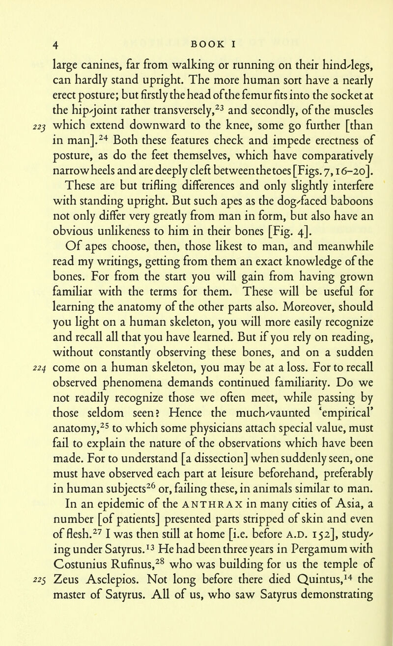 large canines, far from walking or running on their hind/'legs, can hardly stand upright. The more human sort have a nearly erect posture; but firsdy the head of the femur fits into the socket at the hip/joint rather transversely,^^ and secondly, of the muscles 22^ which extend downward to the knee, some go further [than in man].^^ Both these features check and impede erectness of posture, as do the feet themselves, which have comparatively narrow heels and are deeply cleft between the toes [Figs. 7,16-20]. These are but trifling differences and only slightly interfere with standing upright. But such apes as the dog/'faced baboons not only differ very greatly from man in form, but also have an obvious unlikeness to him in their bones [Fig. 4]. Of apes choose, then, those likest to man, and meanwhile read my writings, getting from them an exact knowledge of the bones. For from the start you will gain from having grown familiar with the terms for them. These will be useful for learning the anatomy of the other parts also. Moreover, should you light on a human skeleton, you will more easily recognize and recall all that you have learned. But if you rely on reading, without constandy observing these bones, and on a sudden 22^ come on a human skeleton, you may be at a loss. For to recall observed phenomena demands continued familiarity. Do we not readily recognize those we often meet, while passing by those seldom seen? Hence the much/vaunted ^empirical' anatomy,^^ to which some physicians attach special value, must fail to explain the nature of the observations which have been made. For to understand [a dissection] when suddenly seen, one must have observed each part at leisure beforehand, preferably in human subjects^^ or, failing these, in animals similar to man. In an epidemic of the anthrax in many cities of Asia, a number [of patients] presented parts stripped of skin and even of flesh.^7 I was then still at home [i.e. before a.d. 152], study/ ing under Satyrus. He had been three years in Pergamum with Costunius Rufinus,^^ who was building for us the temple of 22^ Zeus Asclepios. Not long before there died Quintus,^^ the master of Satyrus. All of us, who saw Satyrus demonstrating