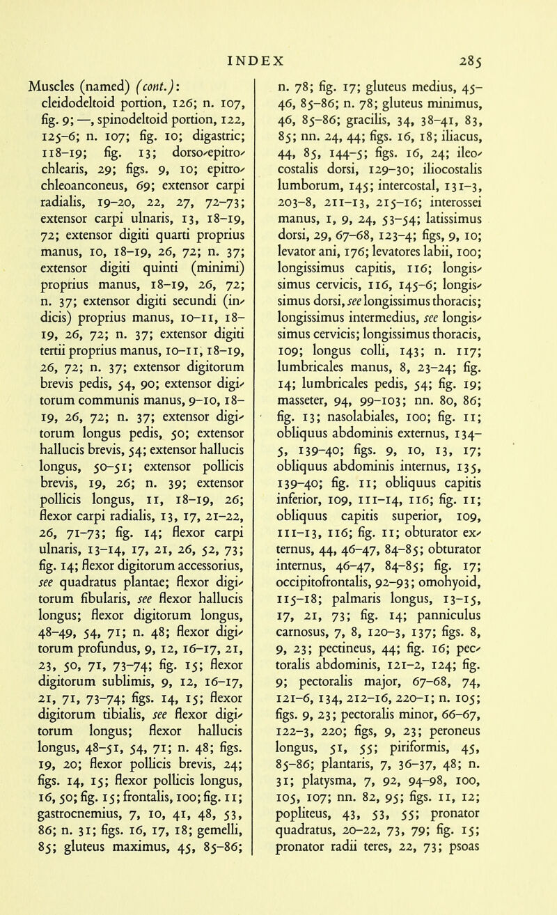 Muscles (named) (cont.): cleidodeltoid portion, 126; n. 107, fig. 9; —, spinodeltoid portion, 122, 125-6; n. 107; fig. 10; digastric; 118-19; fig- 13; dorso/epitro/- chlearis, 29; figs. 9, 10; epitro/ chleoanconeus, 69; extensor carpi radialis, 19-20, 22, 27, 72-73; extensor carpi ulnaris, 13, 18-19, 72; extensor digiti quarti proprius manus, 10, 18-19, 26, 72; n. 37; extensor digiti quinti (minimi) proprius manus, 18-19, 26, 72; n. 37; extensor digiti secundi (in^ dicis) proprius manus, lo-ii, 18- 19, 26, 72; n. 37; extensor digiti tertii proprius manus, lo-ii, 18-19, 26, 72; n. 37; extensor digitorum brevis pedis, 54, 90; extensor digi^ torum communis manus, 9-10,18- 19, 26, 72; n. 37; extensor digi torum longus pedis, 50; extensor hallucis brevis, 54; extensor hallucis longus, 50-51; extensor pollicis brevis, 19, 26; n. 39; extensor pollicis longus, 11, 18-19, 26; flexor carpi radialis, 13, 17, 21-22, 26, 71-73; fig. 14; flexor carpi ulnaris, 13-14, 17, 2.1, 26, 52, 73; fig. 14; flexor digitorum accessorius, see quadratus plantae; flexor digi/ torum fibularis, see flexor hallucis longus; flexor digitorum longus, 48-49, 54, 71; n. 48; flexor digi torum profundus, 9, 12, 16-17, ^i, 23, 50. 71, 73-74; fig- 15; flexor digitorum sublimis, 9, 12, 16-17, 21, 71, 73-74; figs. 14. 15; flexor digitorum tibialis, see flexor digi^ torum longus; flexor hallucis longus, 48-51, 54, 71; n. 48; figs. 19, 20; flexor pollicis brevis, 24; figs. 14, 15; flexor pollicis longus, 16, 50; fig. 15; frontalis, 100; fig. 11; gastrocnemius, 7, 10, 41, 48, 53, 86; n. 31; figs. 16, 17, 18; gemelli, 85; gluteus maximus, 45, 85-86; n. 78; fig. 17; gluteus medius, 45- 46, 85-86; n. 78; gluteus minimus, 46, 85-86; gracilis, 34, 38-41, 83, 85; nn. 24, 44; figs. 16, 18; iliacus, 44, 85, 144-5; figs. 16, 24; ileo^ costalis dorsi, 129-30; iliocostalis lumborum, 145; intercostal, 131-3, 203-8, 211-13, 215-16; interossei manus, i, 9, 24, 53-54; latissimus dorsi, 29, 67-68, 123-4; figs, 9, 10; levator ani, 176; levatores labii, 100; longissimus capitis, 116; longis^ simus cervicis, 116, 145-6; longis simus dorsi, see longissimus thoracis; longissimus intermedius, see longis/ simus cervicis; longissimus thoracis, 109; longus coin, 143; n. 117; lumbricales manus, 8, 23-24; fig. 14; lumbricales pedis, 54; fig. 19; masseter, 94, 99-103; nn. 80, 86; fig. 13; nasolabiales, 100; fig. 11; obliquus abdominis externus, 134- 5, 139-40; figs. 9, 10, 13, 17; obliquus abdominis internus, 135, 139-40; fig. 11; obliquus capitis inferior, 109, 111-14, 116; fig. 11; obliquus capitis superior, 109, 111-13, 116; fig. 11; obturator ex^ ternus, 44, 46-47, 84-85; obturator internus, 46-47, 84-85; fig. 17; occipitofrontalis, 92-93; omohyoid, 115-18; palmaris longus, 13-15, 17, 21, 73; fig. 14; panniculus carnosus, 7, 8, 120-3, I37; figs. 8, 9, 23; pectineus, 44; fig. 16; peC'' toralis abdominis, 121-2, 124; fig. 9; pectoralis major, 67-68, 74, 121- 6, 134, 212-16, 220-1; n. 105; figs. 9, 23; pectoralis minor, 66-67, 122- 3, 220; figs, 9, 23; peroneus longus, 51, 55; piriformis, 45, 85-86; plantaris, 7, 36-37, 48; n. 31; platysma, 7, 92, 94-98, 100, 105, 107; nn. 82, 95; figs. II, 12; popliteus, 43, 53, 55; pronator quadratus, 20-22, 73, 79; fig. 15; pronator radii teres, 22, 73; psoas
