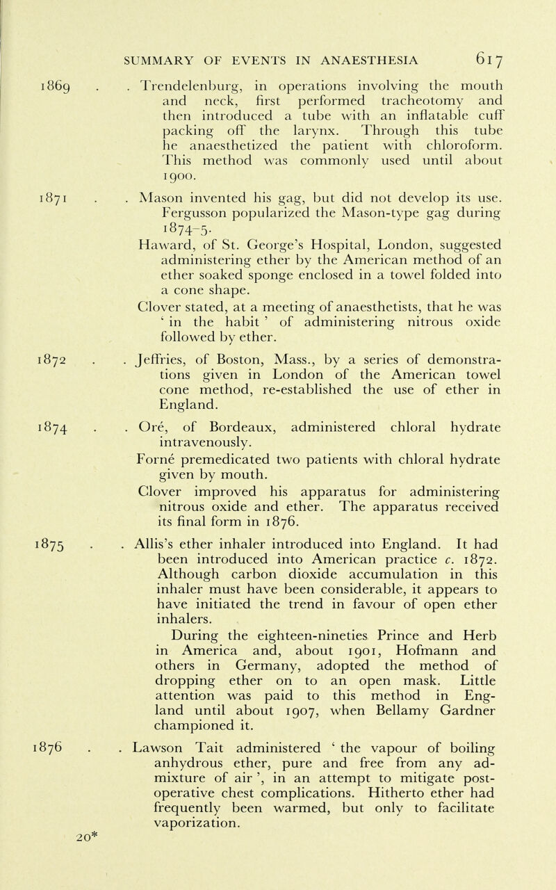 . Trendelenburg, in operations involving the mouth and neck, first performed tracheotomy and then introduced a tube with an inflatable cuff packing off the larynx. Through this tube he anaesthetized the patient with chloroform. This method was commonly used until about 1900. . Mason invented his gag, but did not develop its use. Fergusson popularized the Mason-type gag during i874-5- Haward, of St. George's Hospital, London, suggested administering ether by the American method of an ether soaked sponge enclosed in a towel folded into a cone shape. Glover stated, at a meeting of anaesthetists, that he was ' in the habit ' of administering nitrous oxide followed by ether. . Jeffries, of Boston, Mass., by a series of demonstra- tions given in London of the American towel cone method, re-established the use of ether in England. . Ore, of Bordeaux, administered chloral hydrate intravenously. Forne premedicated two patients with chloral hydrate given by mouth. Clover improved his apparatus for administering nitrous oxide and ether. The apparatus received its final form in 1876. . Allis's ether inhaler introduced into England. It had been introduced into American practice c. 1872. Although carbon dioxide accumulation in this inhaler must have been considerable, it appears to have initiated the trend in favour of open ether inhalers. During the eighteen-nineties Prince and Herb in America and, about 1901, Hofmann and others in Germany, adopted the method of dropping ether on to an open mask. Little attention was paid to this method in Eng- land until about 1907, when Bellamy Gardner championed it. . Lawson Tait administered ' the vapour of boiling anhydrous ether, pure and free from any ad- mixture of air ', in an attempt to mitigate post- operative chest complications. Hitherto ether had frequently been warmed, but only to facilitate vaporization.