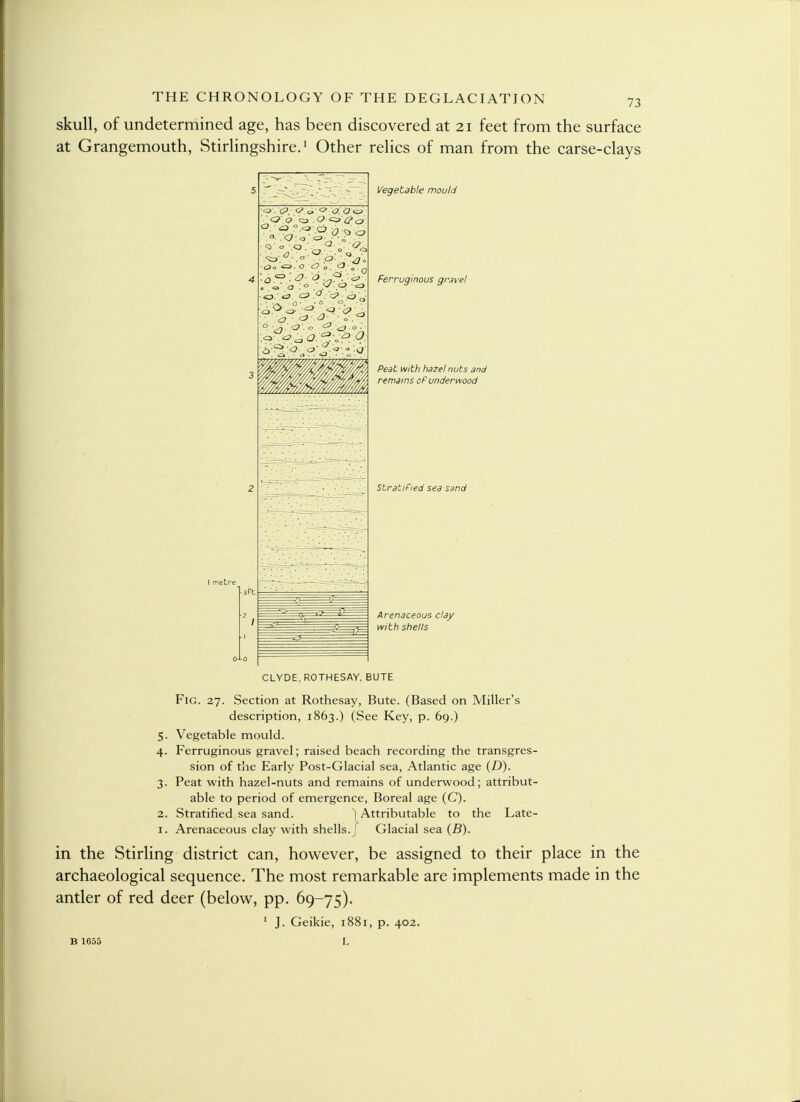 skull, of undetermined age, has been discovered at 21 feet from the surface at Grangemouth, Stirlingshire.1 Other relics of man from the carse-clays Vegetable mould Ferruginous gravel Peat with hazel nuts and remains of underwood Stratified sea sand Arenaceous clay with shells CLYDE, ROTHESAY. BUTE Fig. 27. Section at Rothesay, Bute. (Based on Miller's description, 1863.) (See Key, p. 69.) 5. Vegetable mould. 4. Ferruginous gravel; raised beach recording the transgres- sion of the Early Post-Glacial sea, Atlantic age (£)). 3. Peat with hazel-nuts and remains of underwood; attribut- able to period of emergence, Boreal age (C). 2. Stratified sea sand. 1 Attributable to the Late- 1. Arenaceous clay with shells. J Glacial sea (B). in the Stirling district can, however, be assigned to their place in the archaeological sequence. The most remarkable are implements made in the antler of red deer (below, pp. 69-75). 1 J. Geikie, 1881, p. 402. B 1655 L