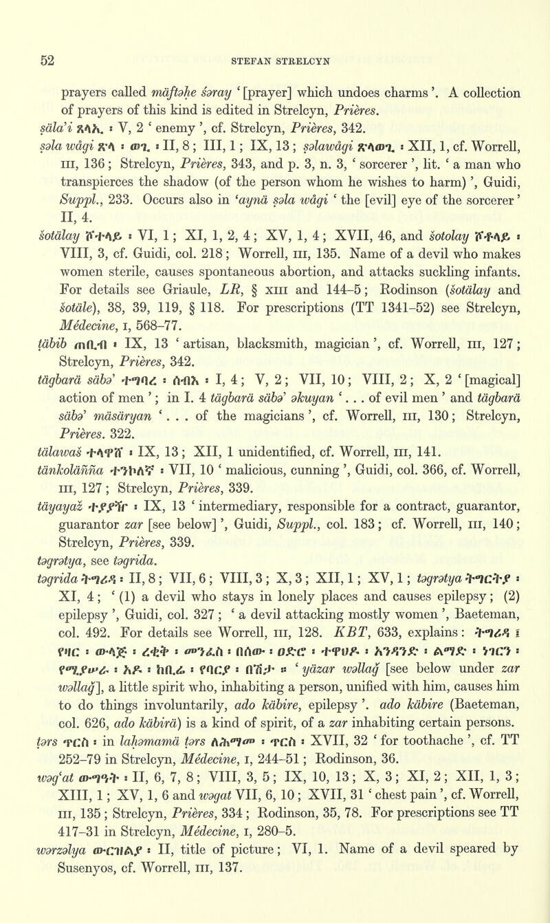 prayers called mdftdhe hray ' [prayer] which undoes charms '. A collection of prayers of this kind is edited in Strelcyn, Prieres. sala'i ftAJi. : V, 2 ' enemy cf. Strelcyn, Prieres, 342. sdla wdgi «*A * as% s II, 8 ; III, 1; IX, 13 ; sdlawdgi xmd% ' XII, 1, cf. Worrell, in, 136 ; Strelcyn, Prieres, 343, and p. 3, n. 3, ' sorcerer ', lit. ' a man who transpierces the shadow (of the person whom he wishes to harm) ', Guidi, Suppl., 233. Occurs also in layna Sdla wdgi ' the [evil] eye of the sorcerer' II, 4. Malay • VI, 1; XI, 1, 2, 4; XV, 1,4; XVII, 46, and sotolay F-Mje. * VIII, 3, cf. Guidi, col. 218 ; Worrell, in, 135. Name of a devil who makes women sterile, causes spontaneous abortion, and attacks suckling infants. For details see Griaule, LR, § xin and 144-5; Eodinson (sotdlay and sotale), 38, 39, 119, § 118. For prescriptions (TT 1341-52) see Strelcyn, Medecine, i, 568-77. tdbib ml\A\ 1 IX, 13 ' artisan, blacksmith, magician', cf. Worrell, in, 127; Strelcyn, Prieres, 342. tdgbara sabd -lint : Ci-ilTx ' 1,4; V, 2; VII, 10; VIII, 2; X, 2 c [magical] action of men '; in I. 4 tdgbara sabd' dkuyan '... of evil men ' and tdgbara sabd' mdsdryan '... of the magicianscf. Worrell, in, 130; Strelcyn, Prieres. 322. tdlaivas +A<Pff » IX, 13; XII, 1 unidentified, cf. Worrell, m, 141. tdnkolanna •Vtfrttfr •• VII, 10 ' malicious, cunning ', Guidi, col. 366, cf. Worrell, in, 127 ; Strelcyn, Prieres, 339. tdyayaz d-f^^tr * IX, 13 ' intermediary, responsible for a contract, guarantor, guarantor zar [see below]', Guidi, Suppl., col. 183; cf. Worrell, m, 140; Strelcyn, Prieres, 339. tdgrdtya, see tdgrida. tdgrida **>16% * H, 8; VII, 6 ; VIII, 3 ; X, 3 ; XII, 1; XV, 1; tdgrdtya *«ic*? XI, 4; ' (1) a devil who stays in lonely places and causes epilepsy; (2) epilepsy ', Guidi, col. 327 ; c a devil attacking mostly women ', Baeteman, col. 492. For details see Worrell, in, 128. KBT, 633, explains: *«i6f\ i f nc s flMg- * d<k& s 0°-}d.ti t atom-: o&C * -f*TU£. ' him?: ' A°7£* - 'ilC'i ' <ta%?w& s hP* • hfl.£ '• fOCP s ATI;*- « ' yazar wdllag [see below under zar wdllag], a little spirit who, inhabiting a person, unified with him, causes him to do things involuntarily, ado kabire, epilepsy ado kabire (Baeteman, col. 626, ado kdbira) is a kind of spirit, of a zar inhabiting certain persons. prs <?ch • in lahdmama prs ArV'V - TCft * XVII, 32 ' for toothache cf. TT 252-79 in Strelcyn, Medecine, I, 244-51; Rodinson, 36. wdg'at wit* s II, 6, 7, 8; VIII, 3, 5; IX, 10, 13; X, 3; XI, 2; XII, 1, 3; XIII, 1; XV, 1, 6 and wdgat VII, 6, 10 ; XVII, 31 ' chest pain', cf. Worrell, in, 135 ; Strelcyn, Prieres, 334 ; Rodinson, 35, 78. For prescriptions see TT 417-31 in Strelcyn, Medecine, i, 280-5. Wdrzdlya w-CHAf : II, title of picture; VI, 1. Name of a devil speared by Susenyos, cf. Worrell, in, 137.