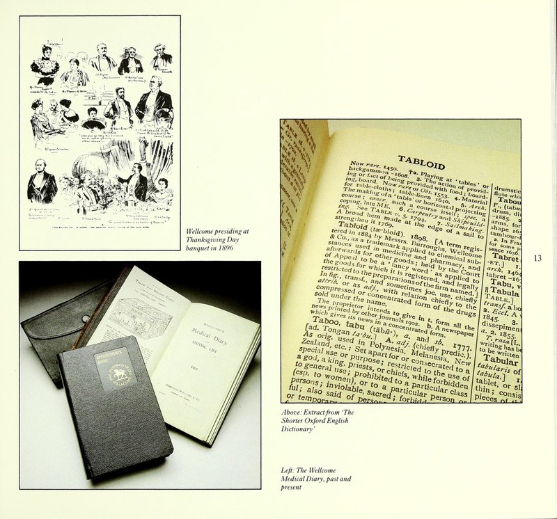 Wellcome presiding at Thanksgiving Day banquet in 1896 co.,rse . . t^e-J/n i553 °U; b flute whi ^ hit*1** »se;£'Acting d»-um> d- « under the „>C °» chS?' C*W /ABLK.-| hove: Extract from 'The Above: Extract from 'The Shorter Oxford English Dictionary' Left: The Wellcome Medical Diary, past and present