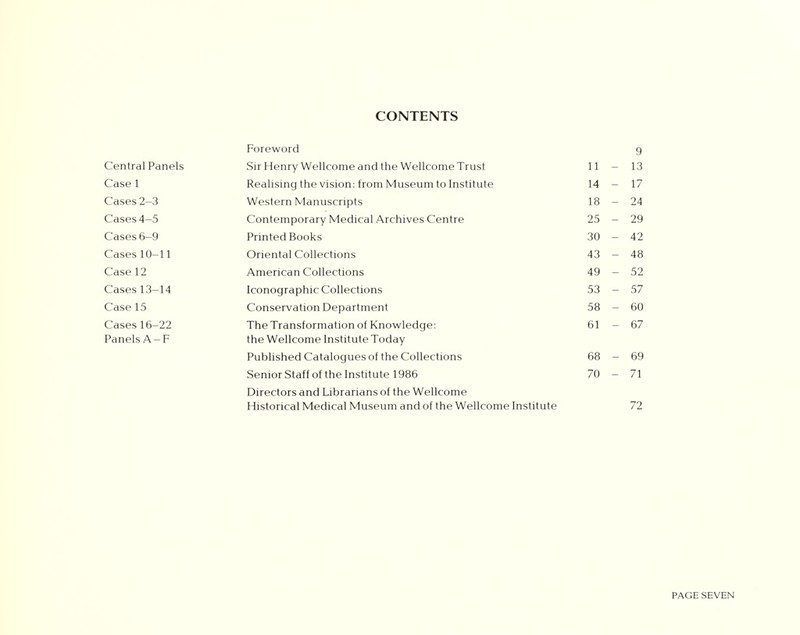 CONTENTS Central Panels Case 1 Cases 2-3 Cases 4-5 Cases 6—9 Cases 10-11 Case 12 Cases 13-14 Case 15 Cases 16-22 Panels A - F Foreword Sir Henry Wellcome and the Wellcome Trust Realising the vision: from Museum to Institute Western Manuscripts Contemporary Medical Archives Centre Printed Books Oriental Collections American Collections Iconographic Collections Conservation Department The Transformation of Knowledge: the Wellcome Institute Today Published Catalogues of the Collections Senior Staff of the Institute 1986 Directors and Librarians of the Wellcome Historical Medical Museum and of the Wellcome Institute