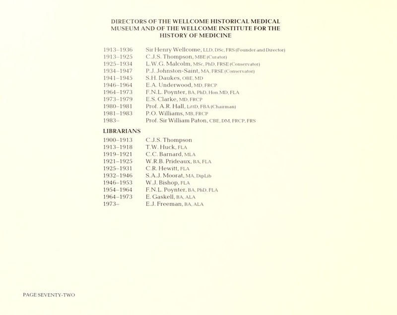 DIRECTORS OF THE WELLCOME HISTORICAL MEDICAL MUSEUM AND OF THE WELLCOME INSTITUTE FOR THE HISTORY OF MEDICINE 1913- -1936 1913- -1925 1925- 1934 1934- -1947 1941- 1945 1946- -1964 1964- -1973 1973- 1979 1980- 1981 1981- -1983 1983- LIBRARIANS 1900- -1913 1913- -1918 1919- 1921 1921- -1925 1925- 1931 1932- -1946 1946- 1953 1954- 1964 1964- -1973 1973- Sir Henry Wellcome, LLD, DSc, FRS (Founder and Director) C.J.S. Thompson, MBE (Curator) L.W.G. Malcolm, MSc, PhD, FRSE (Conservator) P.J. Johnston-Saint, MA, FRSE (Conservalor| S.H. Daukes, OBE, MD E. A. Underwood, MD, FRCP F. N.L. Poynter, BA, PhD, Hon.MD, FLA E.S. Clarke, MD, FRCP Prof. A.R. Hall, LittD, FBA (Chairman) P.O. Williams, MB, FRCP Prof. Sir William Paton, cbe, DM, FRCP, FRS C.J.S. Thompson TW. Huck, FLA C.C. Barnard, mla W.R.B. Prideaux, BA, FLA C.R. Hewitt, fla S.A.J. Moorat, MA, DipLib W.J. Bishop, FLA F.N.L. Poynter, BA, PhD, FLA E. Gaskell, BA, ALA E.J. Freeman, BA, ALA