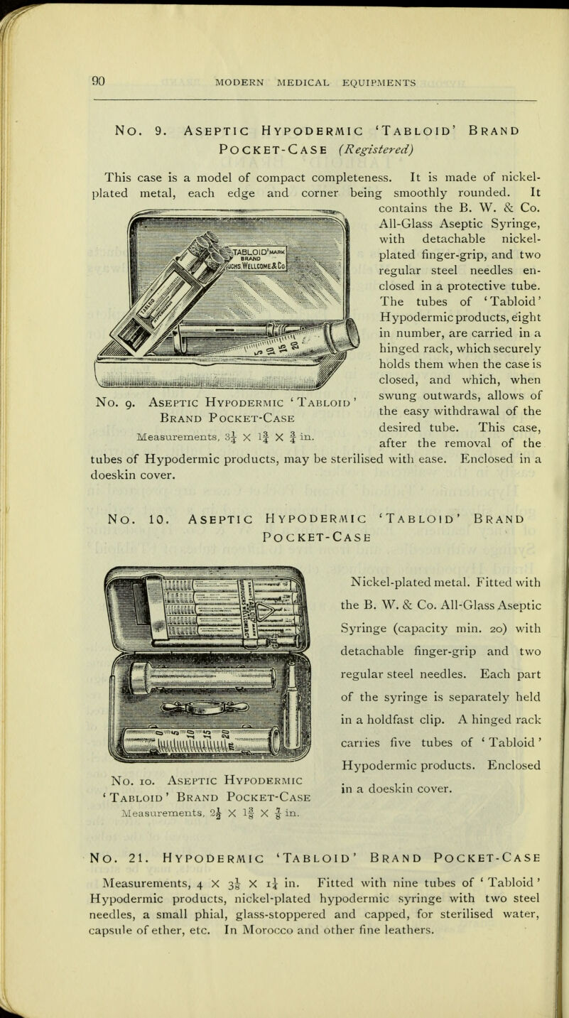 No. 9. Aseptic Hypodermic 'Tabloid' Brand Pocket-Case (Registered) This case is a model of compact completeness. It is made of nickel- plated metal, each edge and corner being smoothly rounded. It contains the B. W. & Co. All-Glass Aseptic Syringe, with detachable nickel- plated finger-grip, and two regular steel needles en- closed in a protective tube. The tubes of 'Tabloid' Hypodermic products, eight in number, are carried in a hinged rack, which securely holds them when the case is closed, and which, when swung outwards, allows of the easy withdrawal of the desired tube. This case, after the removal of the tubes of Hypodermic products, may be sterilised with ease. Enclosed in a doeskin cover. No. 10. Aseptic Hypodermic 'Tabloid' Brand Pocket-Case No. io. Aseptic Hypodermic ' Tabloid ' Brand Pocket-Case Measurements, 2^ X if X ^ in. Nickel-plated metal. Fitted with the B. W. & Co. All-Glass Aseptic Syringe (capacity min. 20) with detachable finger-grip and two regular steel needles. Each part of the syringe is separately held in a holdfast clip. A hinged rack carries five tubes of ' Tabloid' Hypodermic products. Enclosed in a doeskin cover. No. 21. Hypodermic 'Tabloid' Brand Pocket-Case Measurements, 4 X X \\ in. Fitted with nine tubes of ' Tabloid ' Hypodermic products, nickel-plated hypodermic syringe with two steel needles, a small phial, glass-stoppered and capped, for sterilised water, capsule of ether, etc. In Morocco and other fine leathers.