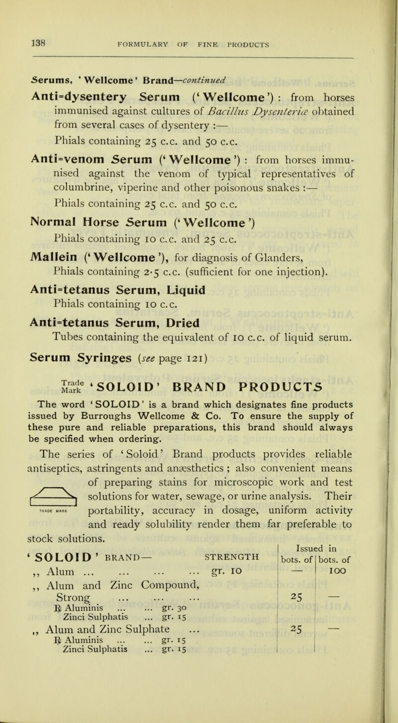 Serums, 'Wellcome' Brand—continued Anti=dysentery Serum ('Wellcome'): from horses immunised against cultures of Bacillus Dysenteric? obtained from several cases of dysentery :— Phials containing 25 c.c. and 50 c.c. Anti=venom Serum (' Wellcome') : from horses immu- nised against the venom of typical representatives of columbrine, viperine and other poisonous snakes :— Phials containing 25 c.c. and 50 c.c. Normal Horse Serum ('Wellcome') Phials containing 10 c.c. and 25 c.c. Mallein (' Wellcome '), for diagnosis of Glanders, Phials containing 2*5 c.c. (sufficient for one injection). Antitetanus Serum, Liquid Phials containing 10 c.c. Antitetanus Serum, Dried Tubes containing the equivalent of 10 c.c. of liquid serum. Serum Syringes (see page 121) S'SOLOID' BRAND PRODUCTS The word 'SOLOID' is a brand which designates fine products issued by Burroughs Wellcome & Co. To ensure the supply of these pure and reliable preparations, this brand should always be specified when ordering. The series of ' Soloid' Brand products provides reliable antiseptics, astringents and anaesthetics ; also convenient means of preparing stains for microscopic work and test ^ solutions for water, sewage, or urine analysis. Their trade mark portability, accuracy in dosage, uniform activity and ready solubility render them far preferable to stock solutions. 4 SOLOID ' BRAND— STRENGTH ,, Alum gr. 10 ,, Alum and Zinc Compound, Strong Aluminis gr. 30 Zinci Sulphatis ... gr. 15 Alum and Zinc Sulphate fy Aluminis gr. 15 Zinci Sulphatis ... gr. 15 Issued in bots. of Ibots. of — I IOO 25 — 25