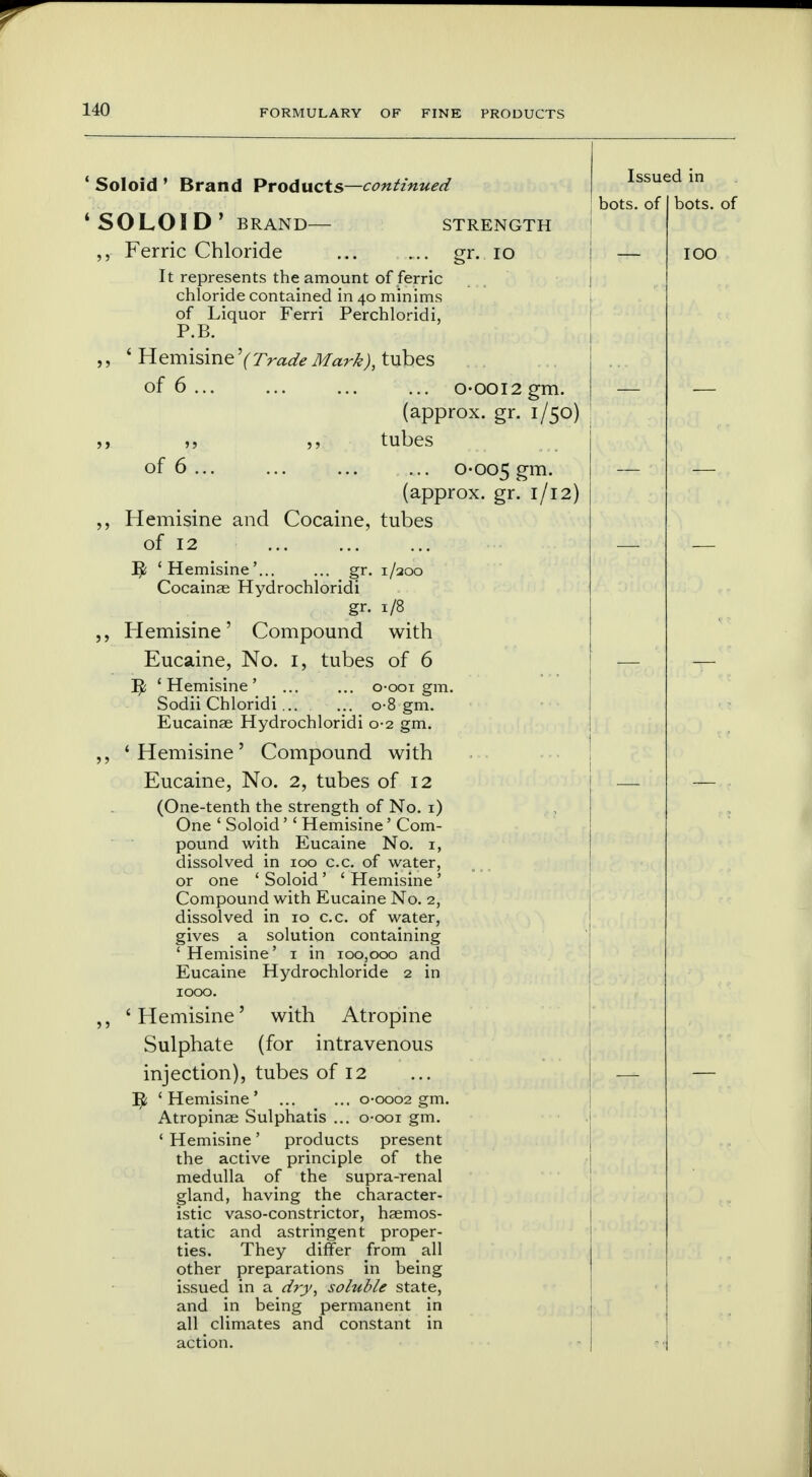 1 Soloid ' Brand Products—continued Issued in STRENGTH gr. IO 'SOLOID' BRAND— Ferric Chloride It represents the amount of ferric chloride contained in 40 minims of Liquor Ferri Perchloridi, P.B. 1 Hemisine^Trade Mark), tubes of 6 ... ... ... ... OOOI2 gm. (approx. gr. 1/50) ,, tubes of 6 0-005 gm- (approx. gr. 1/12) Hemisine and Cocaine, tubes of 12 J$ 'Hemisine'... ... gr. 1/200 Cocainae Hydrochloridi gr. 1/8 Hemisine' Compound with Eucaine, No. 1, tubes of 6 Tfy 'Hemisine' ... ... o-ooi gm. Sodii Chloridi... ... o-8 gm. Eucainae Hydrochloridi 0-2 gm. 'Hemisine' Compound with Eucaine, No. 2, tubes of 12 (One-tenth the strength of No. 1) One ' Soloid'' Hemisine' Com- pound with Eucaine No. 1, dissolved in 100 c.c. of water, or one ' Soloid' ' Hemisine ' Compound with Eucaine No. 2, dissolved in 10 c.c. of water, gives a solution containing ' Hemisine' 1 in 100,000 and Eucaine Hydrochloride 2 in bots. of bots. of 1 Hemisine' with Atropine Sulphate (for intravenous injection), tubes of 12 Ijfc 'Hemisine' ... ... 0-0002 gm. Atropines Sulphatis ... o-ooi gm. ' Hemisine' products present the active principle of the medulla of the supra-renal gland, having the character- istic vaso-constrictor, haemos- tatic and astringent proper- ties. They differ from all other preparations in being issued in a dry, soluble state, and in being permanent in all climates and constant in action.