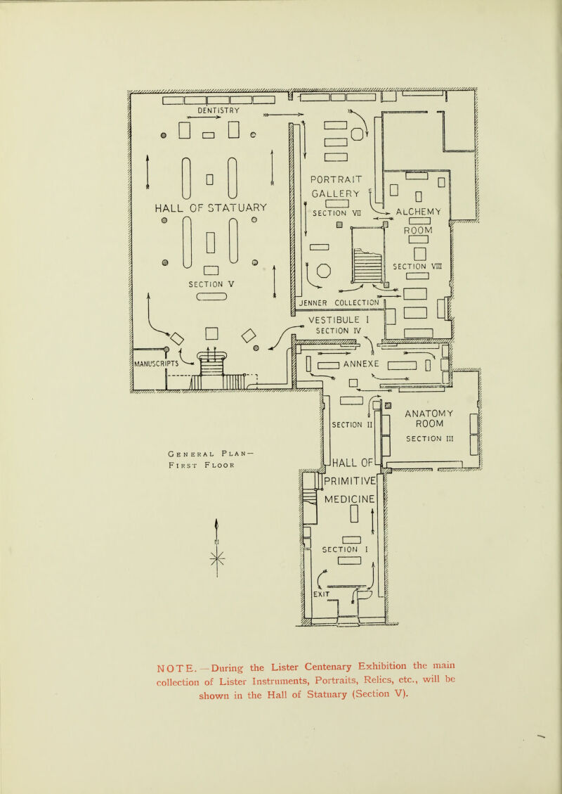 ^^^^^^^^^^^^^^^^ RY □ DENTISTRY □ □ HALL OF STATUARY D □ SECTION V N> D 0 J5CRIPTSv— =3=cr General Plan- First Floor LZZl PORTRAIT GALLERY CZZ] SECTION vn □ ROOM en □ I section vra | [[[PRIMITIVE MEDICINE D en SECTION I EXIT NOTE. — During the Lister Centenary Exhibition the main collection of Lister Instruments, Portraits, Relics, etc., will be