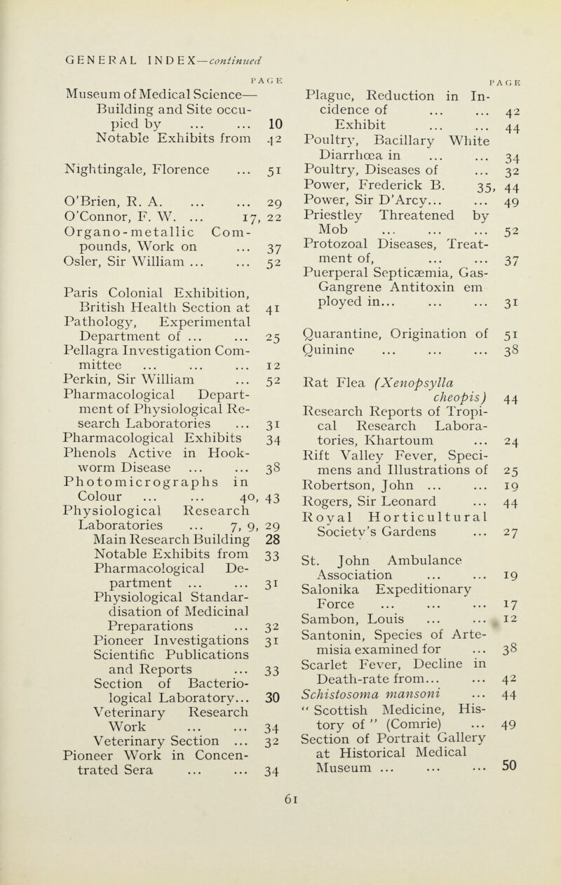 PAGE Museum of Medical Science— Building and Site occu- pied by ... ... 10 Notable Exhibits from 42 Nightingale, Florence ... 51 O'Brien, R. A. ... ... 29 O'Connor, F. W. ... 17, 22 Organo-metallic Com- pounds, Work on •••37 Osier, Sir William ... ... 52 Paris Colonial Exhibition, British Health Section at 41 Pathology, Experimental Department of ... ... 25 Pellagra Investigation Com- mittee ... ... ... 12 Per kin, Sir William ... 52 Pharmacological Depart- ment of Physiological Re- search Laboratories ... 31 Pharmacological Exhibits 34 Phenols Active in Hook- worm Disease ... ... 38 Photomicrographs in Colour ... ... 40, 43 Physiological Research Laboratories ... 7, 9, 29 Main Research Building 28 Notable Exhibits from 33 Pharmacological De- partment ... ... 31 Physiological Standar- disation of Medicinal Preparations ... 32 Pioneer Investigations 31 Scientific Publications and Reports ... 33 Section of Bacterio- logical Laboratory... 30 Veterinary Research Work ... ... 34 Veterinary Section ... 32 Pioneer Work in Concen- trated Sera ... ... 34 PAGE Plague, Reduction in In- cidence of ... ... 42 Exhibit ... ... 44 Poultry, Bacillary White Diarrhoea in ... ... 34 Poultry, Diseases of ... 32 Power, Frederick B. 35, 44 Power, Sir D'Arcy... ... 49 Priestley Threatened by Mob ... ... ... 52 Protozoal Diseases, Treat- ment of, ... •••37 Puerperal Septicaemia, Gas- Gangrene Antitoxin em ployed in... ... ... 31 Quarantine, Origination of 51 Quinine ... ... ... 38 Rat Flea (Xenopsylla cheopis ) Research Reports of Tropi- cal Research Labora- tories, Khartoum Rift Valley Fever, Speci- mens and Illustrations of Robertson, John ... Rogers, Sir Leonard Royal Horticultural Societv's Gardens 44 24 25 19 44 27 St. John Ambulance Association ... ... 19 Salonika Expeditionary Force ... ... ... 17 Sambon, Louis ... ... 12 Santonin, Species of Arte- misia examined for ... 38 Scarlet Fever, Decline in Death-rate from... ... 42 Schistosoma mansoni ... 44  Scottish Medicine, His- tory of (Comrie) ... 49 Section of Portrait Gallery at Historical Medical Museum ... ... ••• 50