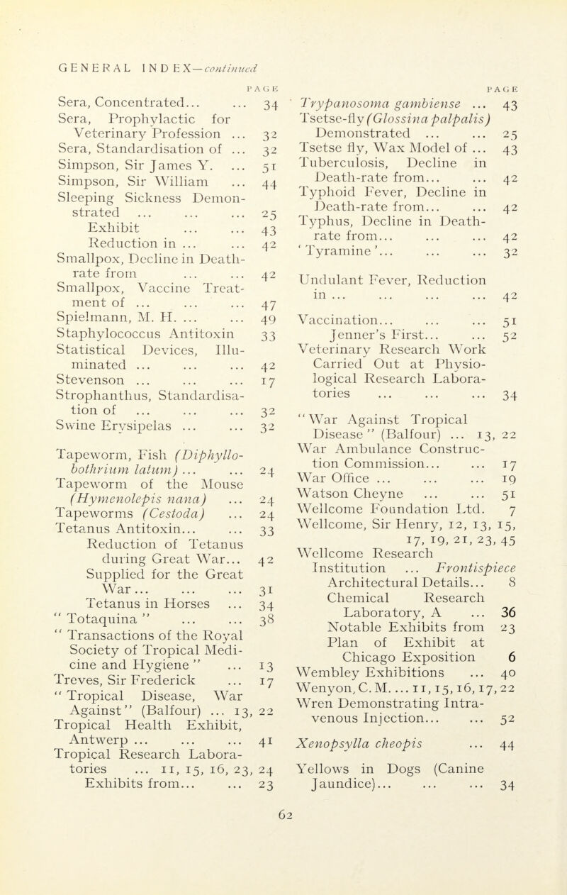 PAGE Sera, Concentrated... ... 34 Sera, Prophylactic for Veterinar}' Profession ... 32 Sera, Standardisation of ... 32 Simpson, Sir James Y. ... 51 Simpson, Sir William ... 44 Sleeping Sickness Demon- strated ... ... ... 25 Exhibit ... ... 43 Reduction in ... ... 42 Smallpox, Decline in Death- rate from ... ... 42 Smallpox, Vaccine Treat- ment of ... ... ... 47 Spielmann, M. H. ... ... 49 Staphylococcus Antitoxin 33 Statistical Devices, Illu- minated ... ... ... 42 Stevenson ... ... ... 17 Strophanthus, Standardisa- tion of ... ... ... 32 Swine Erysipelas ... ... 32 Tapeworm, Fish (Diphyllo- bothrium latum) ... ... 24 Tapeworm of the Mouse (Hymenolcpis nana) ... 24 Tapeworms (Cestoda) ... 24 Tetanus Antitoxin... ... 33 Reduction of Tetanus during Great War... 42 Supplied for the Great War... ... ... 31 Tetanus in Horses ... 34  Totaquina  ... ... 38  Transactions of the Royal Society of Tropical Medi- cine and Hygiene ... 13 Treves, Sir Frederick ... 17  Tropical Disease, War Against (Balfour) ... 13, 22 Tropical Health Exhibit, Antwerp ... ... ... 41 Tropical Research Labora- tories ... 11, 15, 16, 23, 24 Exhibits from... ... 23 PAGE Trypanosoma gambiense ... 43 Tsetse-fly ( Glos sin a palp alls ) Demonstrated ... ... 25 Tsetse fly, Wax Model of ... 43 Tuberculosis, Decline in Death-rate from... ... 42 Typhoid Fever, Decline in Death-rate from... ... 42 Typhus, Decline in Death- rate from... ... ... 42 ' Tyramine '... ... ... 32 Undulant Fever, Reduction 111 •■• ••• ••• -1 — Vaccination... ... ... 51 jenner's First... ... 52 Veterinary Research Work Carried Out at Physio- logical Research Labora- tories ... ... ... 34 War Against Tropical Disease (Balfour) ... 13, 22 War Ambulance Construc- tion Commission... ... 17 War Office ... ... ... 19 Watson Cheyne ... ... 51 Wellcome Foundation Ltd. 7 Wellcome, Sir Henry, 12, 13, 15, 17, 19, 21, 23, 45 Wellcome Research Institution ... Frontispiece Architectural Details... 8 Chemical Research Laboratory, A ... 36 Notable Exhibits from 23 Plan of Exhibit at Chicago Exposition 6 Wembley Exhibitions ... 40 Wenyon, CM 11,15,16,17,22 Wren Demonstrating Intra- venous Injection... ... 52 Xenopsylla cheopis ... 44 Yellows in Dogs (Canine Jaundice)... ... ... 34