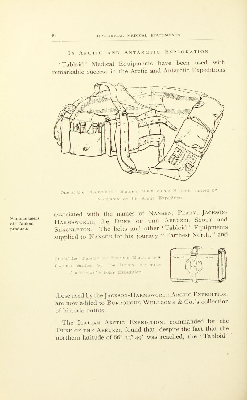In Arctic and Antarctic Exploration ' Tabloid' Medical Equipments have been used with remarkable success in the Arctic and Antarctic Expeditions One of the 'Tabloid' Brand Medicine Belts carried by -Nans en on bis Arctic Expedition Famous users of «Tabloid' products associated with the names of Nansen, Peary, Jackson- Harmsworth, the Duke of the Abruzzi, Scott and Shackleton. The belts and other 'Tabloid' Equipments pplied to Nansen for his journey  Farthest North, and su One of tbe 'Tabloid' Brand Medictne Cases carried by tbe Ddke of the Abruzzi' s Polar Expedition those used by the Jackson-Harmsworth Arctic Expedition, are now added to Burroughs Wellcome & Co.'s collection of historic outfits. The Italian Arctic Expedition, commanded by the Duke of the Abruzzi, found that, despite the fact that the northern latitude of 86° 33 49' was reached, the « Tabloid '