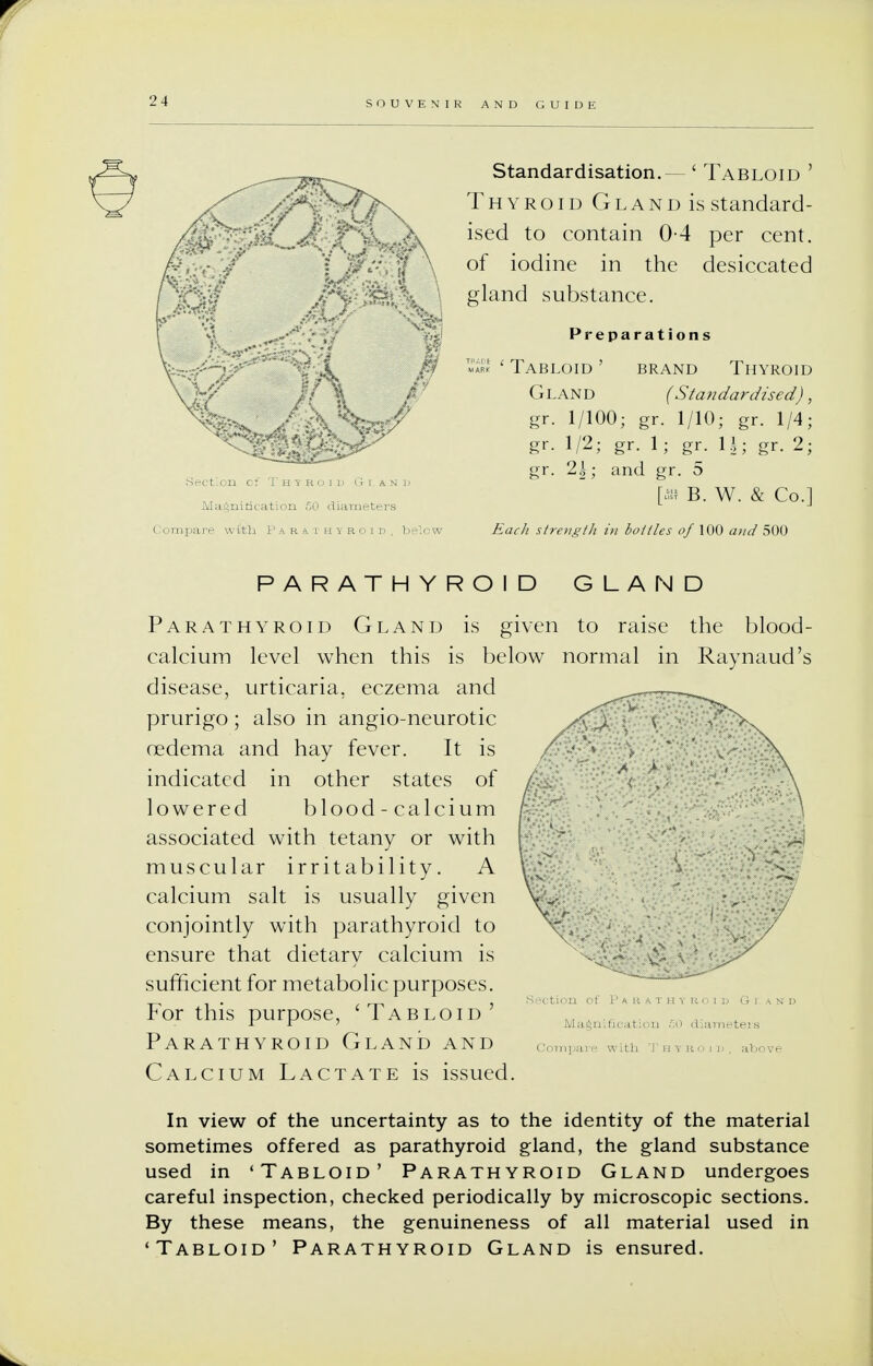 Standardisation.— ' Tabloid ' Thyroid Gland is standard- ised to contain 0-4 per cent, of iodine in the desiccated gland substance. mm ' Tabloid ' brand Thyroid Gland (Standardised), gr. 1/100; gr. 1/10; gr. 1/4; gr- 1/2; gr. 1; gr. U; gr. 2; gr. 2|; and gr. 5 [m B. W. & Co.] PARATHYROID GLAND Parathyroid Gland is given to raise the blood- calcium level when this is below normal in Raynaud's disease, urticaria, eczema and r^rv^r^^ prurigo; also in angio-neurotic y ..•*^>N oedema and hay fever. It is \ indicated in other states of / . lowered blood-calcium H M \ ' . ' associated with tetany or witli calcium salt is usually given \v v- conjointly with parathyroid to \-'. ensure that dietary calcium is S *• ' sufficient for metabolic purposes. For this purpose, 'Tabloid' Parathyroid Gland and compare with nn^ , atove Calcium Lactate is issued. In view of the uncertainty as to the identity of the material sometimes offered as parathyroid gland, the gland substance used in 'Tabloid' Parathyroid Gland undergoes careful inspection, checked periodically by microscopic sections. By these means, the genuineness of all material used in 'Tabloid' Parathyroid Gland is ensured. r