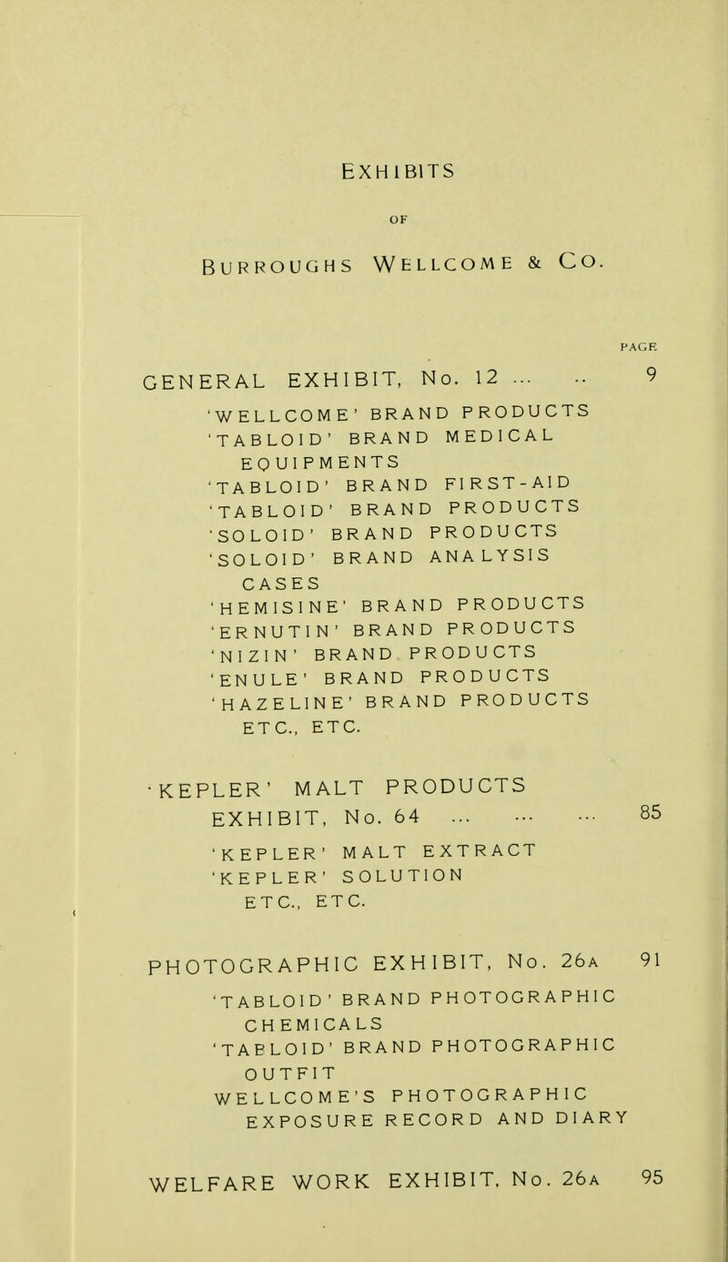 OF Burroughs Wellcome & Co. GENERAL EXHIBIT, No. 12 'WELLCOME' BRAND PRODUCTS 'TABLOID' BRAND MEDICAL EQUIPMENTS 'TABLOID' BRAND FIRST-AID 'TABLOID' BRAND PRODUCTS 'SOLOID' BRAND PRODUCTS 'SOLOID' BRAND ANALYSIS CASES ' H E M 1 S I N E' BRAND PRODUCTS 'ERNUT1N' BRAND PRODUCTS 'NIZIN* BRAND PRODUCTS 'ENULE' BRAND PRODUCTS 'HAZELINE' BRAND PRODUCTS ETC., ETC. •KEPLER' MALT PRODUCTS EXHIBIT, No. 64 ... 'KEPLER' MALT EXTRACT 'KEPLER' SOLUTION ETC., ETC. PHOTOGRAPHIC EXHIBIT, No. 26a 91 'TABLOID' BRAND PHOTOGRAPHIC CH EMICALS 'TAELOID' BRAND PHOTOGRAPHIC OUTFIT WELLCOME'S PHOTOGRAPHIC EXPOSURE RECORD AND DIARY WELFARE WORK EXHIBIT, No. 26a 95