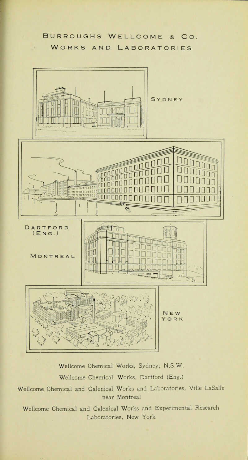 Burroughs Wellcome & Co. Works and Laboratories rrrrrrrr rrrrf rrcrrrrrrrr rf rrrrrrrrrrrri 0Bm doddqdd d □ n □ n d n n □□□□□a°= □ nnnono j  i 1 I Dartford (Eng.) Montreal fff innnnDnnn New York Wellcome Chemical Works, Sydney; N.S.W. Wellcome Chemical Works, Dartford (Eng.) Wellcome Chemical and Galenical Works and Laboratories, Ville LaSalle near Montreal Wellcome Chemical and Galenical Works and Experimental Research Laboratories, New York
