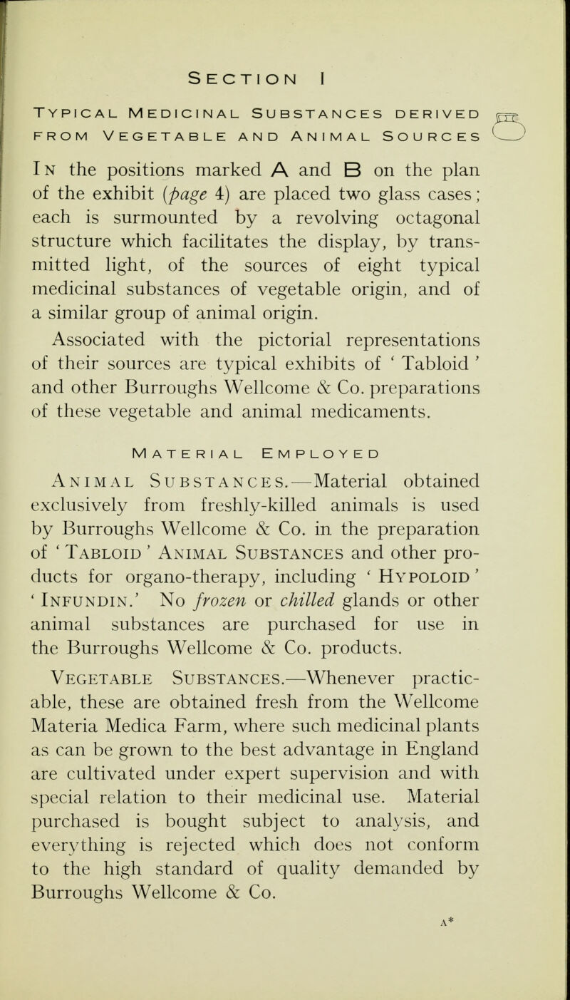 Typical Medicinal Substances derived FROM Vegetable and Animal Sources In the positions marked A and B on the plan of the exhibit [page 4) are placed two glass cases; each is surmounted by a revolving octagonal structure which facilitates the display, by trans- mitted light, of the sources of eight typical medicinal substances of vegetable origin, and of a similar group of animal origin. Associated with the pictorial representations of their sources are typical exhibits of ' Tabloid ' and other Burroughs Wellcome & Co. preparations of these vegetable and animal medicaments. Material Employed Animal Substances.—Material obtained exclusively from freshly-killed animals is used by Burroughs Wellcome & Co. in the preparation of ' Tabloid ' Animal Substances and other pro- ducts for organo-therapy, including ' Hypoloid ' ' Infundin.' No frozen or chilled glands or other animal substances are purchased for use in the Burroughs Wellcome & Co. products. Vegetable Substances.—Whenever practic- able, these are obtained fresh from the Wellcome Materia Medica Farm, where such medicinal plants as can be grown to the best advantage in England are cultivated under expert supervision and with special relation to their medicinal use. Material purchased is bought subject to analysis, and everything is rejected which does not conform to the high standard of quality demanded by Burroughs Wellcome & Co.