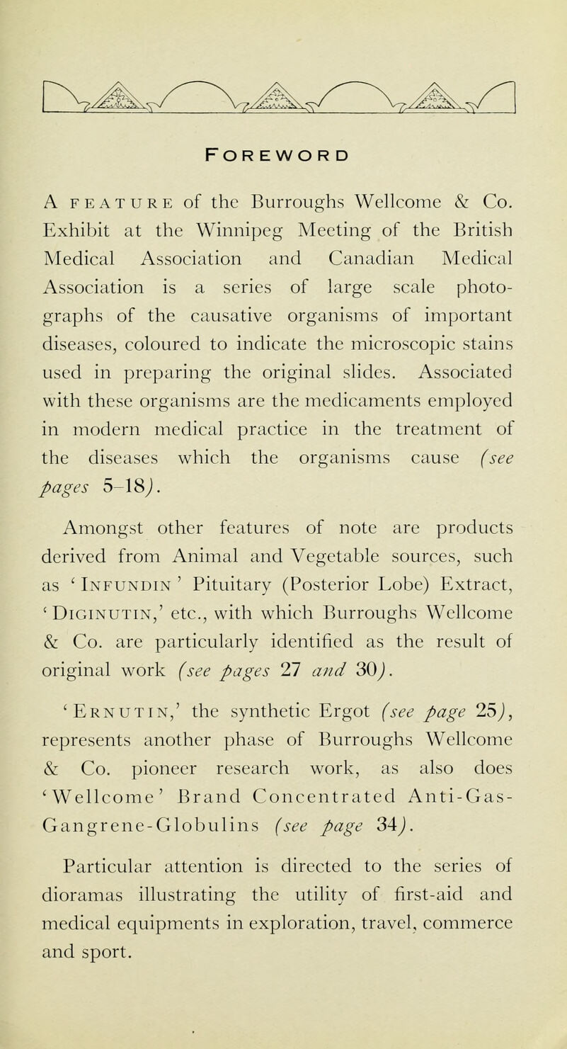 For ewo r d A feature of the Burroughs Wellcome & Co. Exhibit at the Winnipeg Meeting of the British Medical Association and Canadian Medical Association is a series of large scale photo- graphs of the causative organisms of important diseases, coloured to indicate the microscopic stains used in preparing the original slides. Associated with these organisms are the medicaments employed in modern medical practice in the treatment of the diseases which the organisms cause (see pages 5-18). Amongst other features of note are products derived from Animal and Vegetable sources, such as ' Infundin ' Pituitary (Posterior Lobe) Extract, ' Diginutin,' etc., with which Burroughs Wellcome & Co. are particularly identified as the result of original work (see pages 27 and 30). 'Ernutin,' the synthetic Ergot (see page 25J, represents another phase of Burroughs Wellcome & Co. pioneer research work, as also does 'Wellcome' Brand Concentrated Anti-Gas- Gangrene-Globulins (see page 34,). Particular attention is directed to the series of dioramas illustrating the utility of first-aid and medical equipments in exploration, travel, commerce and sport.