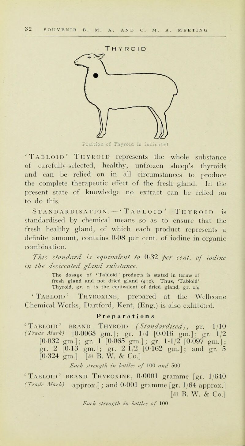 'Tabloid' Thyroid represents the whole substance of carefully-selected, healthy, unfrozen sheep's thyroids and can be relied on in all circumstances to produce the complete therapeutic effect of the fresh gland. In the present state of knowledge no extract can be relied on to do this. Standardisation. — 'Tabloid' Thyroid is standardised by chemical means so as to ensure that the fresh healthy gland, of which each product represents a definite amount, contains 0-08 per cent, of iodine in organic combination. This standard is equivalent to 0-32 per cent, of iodine in the desieeated gland substance. The dosage of 'Tabloid' products is stated in terms of fresh gland and not dried gland (4: 1). Thus, 'Tabloid' Thyroid, gr. 1, is the equivalent of dried gland, gr. 1 4 'Tabloid' Thyroxine, prepared at the Wellcome Chemical Works, Dartford, Kent, (Eng.) is also exhibited. Preparations 'Tabloid' brand Thyroid (Standardised), gr. 1/10 (Trade Mark) [0-0065 gm.]; gr. 1/4 [0-016 gm.]; gr. 1/2 [0-032 gm.]; gr. 1 [0-065 gm.]; gr. 1-1/2 [0-097 gm.]; gr. 2 [0-13 gm.]; gr. 2-1/2 [0-162 gm.]; and gr. 5 [0-324 gm.] [ffi B. W. & Co.] Each strength in bottles of 100 and 500 'Tabloid' brand Thyroxine, 0-0001 gramme [gr. 1/640 (Trade Mark) approx.] ; and 0-001 gramme [gr. 1/64 approx.] [* B. W. & Co.] Each strength in bottles of 100