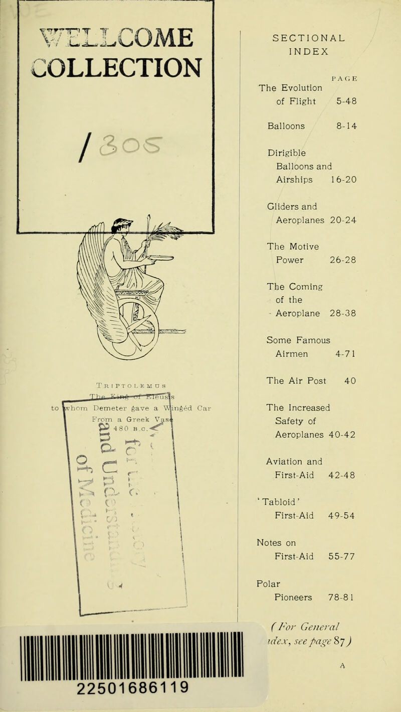 WELLCOME COLLECTION /3c J In I I' I T71 SECTIONAL INDEX PAGE The Evolution of Flight 5-48 Balloons 8-14 Dirigible Balloons and Airships 16-20 Gliders and Aeroplanes 20-24 The Motive Power 26-28 The Coming of the Aeroplane 28-38 Some Famous Airmen 4-71 The Air Post 40 The Increased Safety of Aeroplanes 40-42 Aviation and First-Aid 42-48 ' Tabloid' First-Aid 49-54 Notes on First-Aid 55-77 Polar Pioneers 78-81