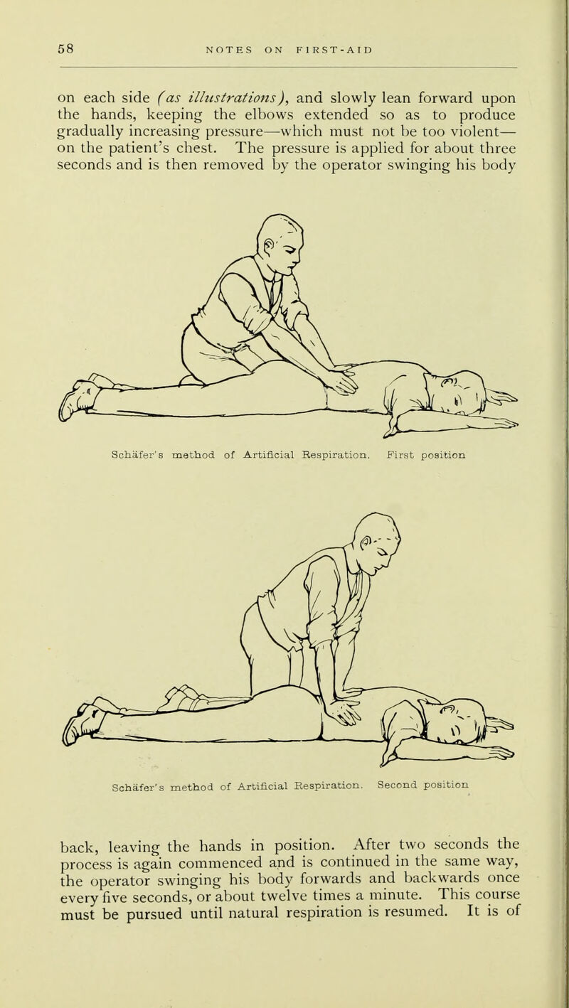 on each side (as illustrations), and slowly lean forward upon the hands, keeping the elbows extended so as to produce gradually increasing pressure—which must not be too violent— on the patient's chest. The pressure is applied for about three seconds and is then removed by the operator swinging his body back, leaving the hands in position. After two seconds the process is again commenced and is continued in the same way, the operator swinging his body forwards and backwards once every five seconds, or about twelve times a minute. This course must be pursued until natural respiration is resumed. It is of