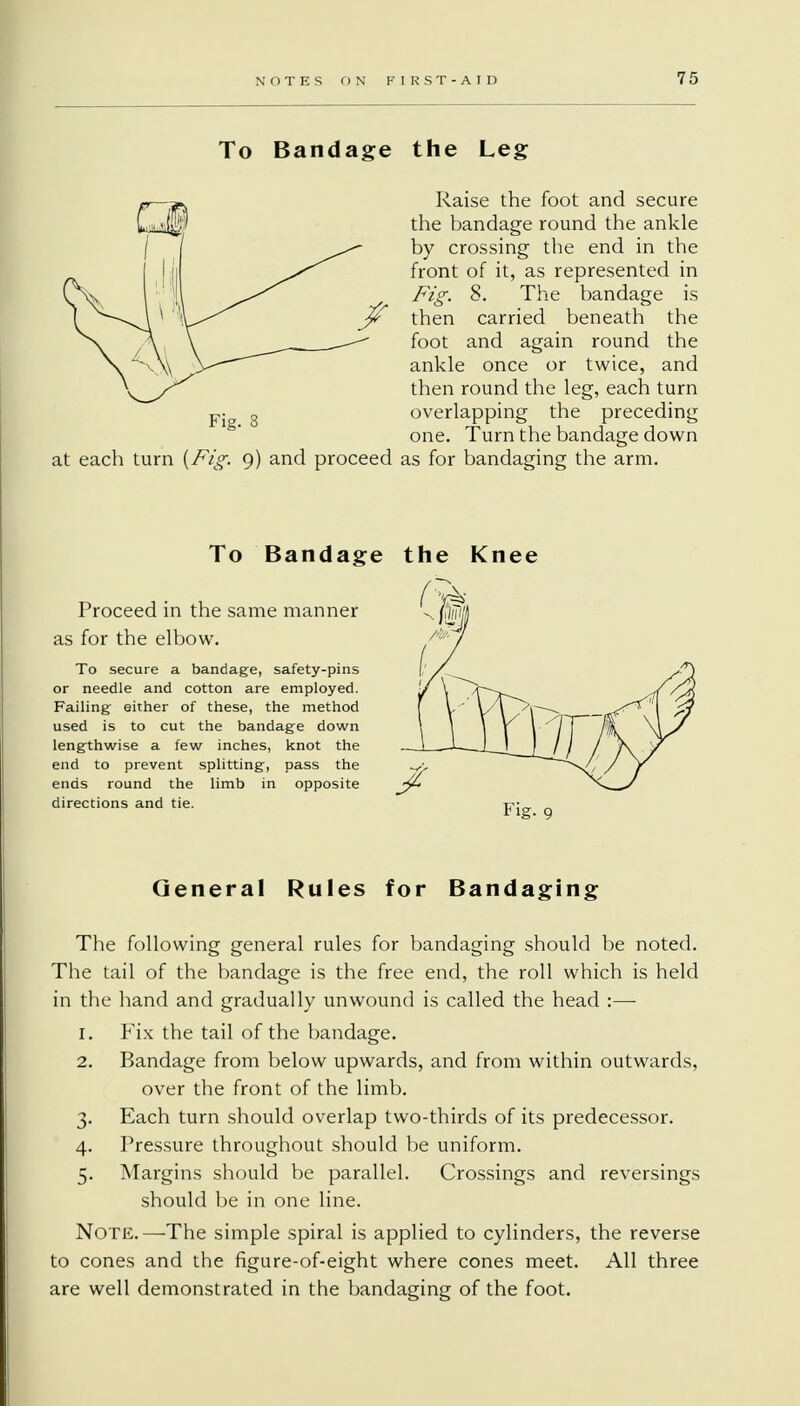 To Bandage Fig. 8 at each turn {Fig. 9) and proceed the Leg Raise the foot and secure the bandage round the ankle by crossing the end in the front of it, as represented in Fig. 8. The bandage is then carried beneath the foot and again round the ankle once or twice, and then round the leg, each turn overlapping the preceding one. Turn the bandage down as for bandaging the arm. To Bandag Proceed in the same manner as for the elbow. To secure a bandage, safety-pins or needle and cotton are employed. Failing either of these, the method used is to cut the bandage down lengthwise a few inches, knot the end to prevent splitting, pass the ends round the limb in opposite the Knee General Rules for Bandaging The following general rules for bandaging should be noted. The tail of the bandage is the free end, the roll which is held in the hand and gradually unwound is called the head :— 1. Fix the tail of the bandage. 2. Bandage from below upwards, and from within outwards, over the front of the limb. 3. Each turn should overlap two-thirds of its predecessor. 4. Pressure throughout should be uniform. 5. Margins should be parallel. Crossings and reversings should be in one line. Note.—The simple spiral is applied to cylinders, the reverse to cones and the figure-of-eight where cones meet. All three are well demonstrated in the bandaging of the foot.