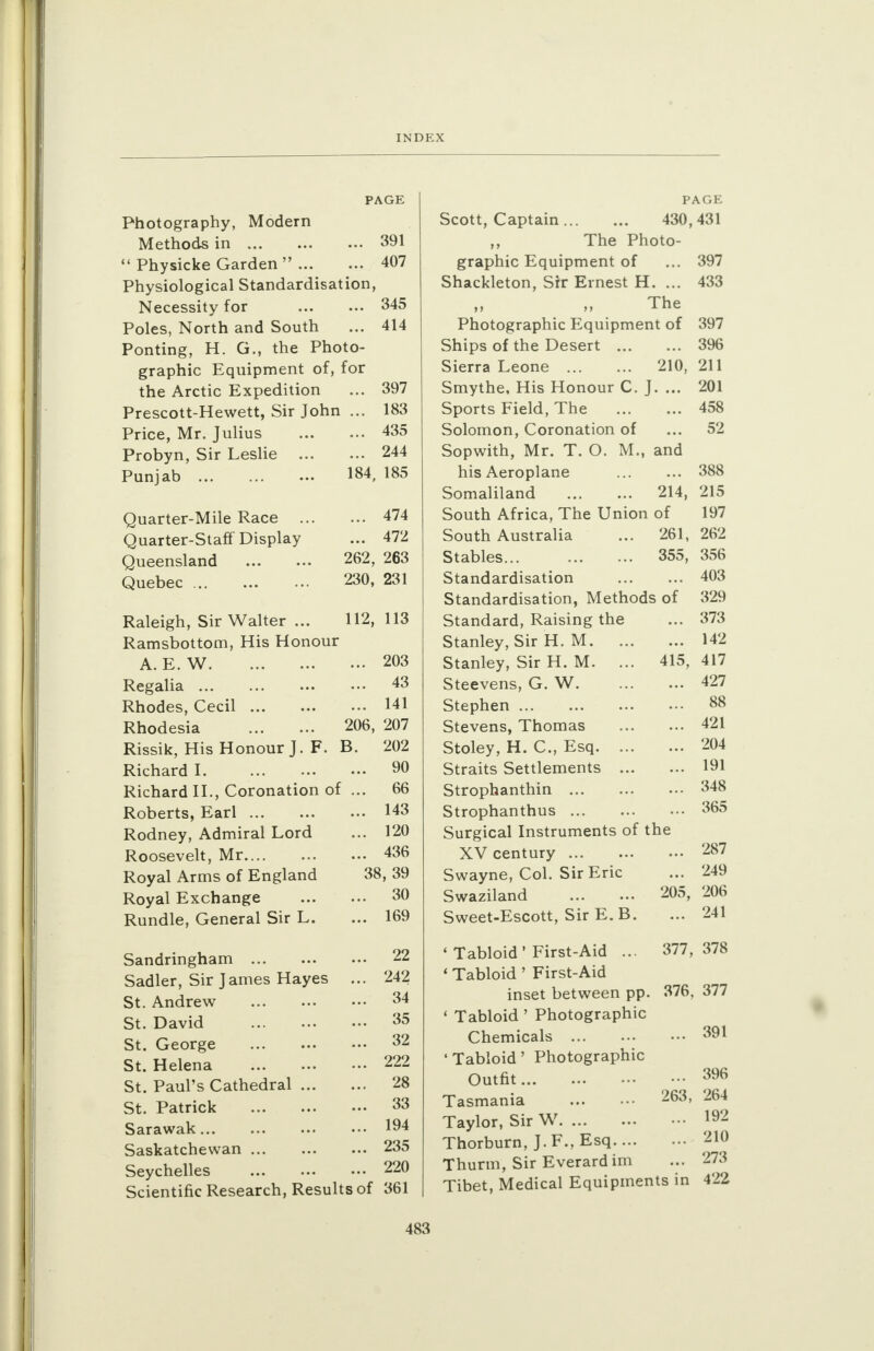 PAGE Photography, Modern Methods in 391  Physicke Garden  407 Physiological Standardisation, Necessity for 345 Poles, North and South ... 414 Ponting, H. G., the Photo- graphic Equipment of, for the Arctic Expedition ... 397 Prescott-Hewett, Sir John ... 183 Price, Mr. Julius 435 Probyn, Sir Leslie 244 Punjab 184, 185 Quarter-Mile Race 474 Quarter-Staff Display ... 472 Queensland 262, 263 Quebec 230, 231 Raleigh, Sir Walter ... 112, 113 Ramsbottom, His Honour A.E. W 203 Regalia 43 Rhodes, Cecil 141 Rhodesia 206, 207 Rissik, His Honour J. F. B. 202 Richard I. 90 Richard II., Coronation of ... 66 Roberts, Earl 143 Rodney, Admiral Lord ... 120 Roosevelt, Mr 436 Royal Arms of England 38, 39 Royal Exchange 30 Rundle, General Sir L. ... 169 Sandringham Sadler, Sir James Hayes St. Andrew St. David St. George St. Helena St. Paul's Cathedral ... St. Patrick Sarawak... Saskatchewan Seychelles 22 242 34 35 32 222 28 33 194 235 220 Scientific Research, Results of 361 PAGE Scott, Captain 430, 431 ,, The Photo- graphic Equipment of ... 397 Shackleton, Sir Ernest H. ... 433 The Photographic Equipment of 397 Ships of the Desert 396 Sierra Leone 210, 211 Smythe, His Honour C. J. ... 201 Sports Field, The 458 Solomon, Coronation of ... 52 Sopwith, Mr. T. O. M., and his Aeroplane 388 Somaliland 214, 215 South Africa, The Union of 197 South Australia ... 261, 262 Stables 355, 356 Standardisation 403 Standardisation, Methods of 329 Standard, Raising the ... 373 Stanley, Sir H. M 142 Stanley, Sir H. M. ... 415, 417 Steevens, G. W 427 Stephen 88 Stevens, Thomas 421 Stoley, H. C, Esq 204 Straits Settlements 191 Strophanthin 348 Strophanthus 365 Surgical Instruments of the XV century 287 Swayne, Col. Sir Eric ... 249 Swaziland 205, 206 Sweet-Escott, Sir E.B. ... 241 * Tabloid * First-Aid ... 377,378 * Tabloid ' First-Aid inset between pp. 376, 377 ' Tabloid ' Photographic Chemicals 391 'Tabloid' Photographic Outfit 396 Tasmania 263> 264 Taylor, Sir W 192 Thorburn, J.F., Esq 210 Thurm, Sir Everardim ... 273 Tibet, Medical Equipments in 422