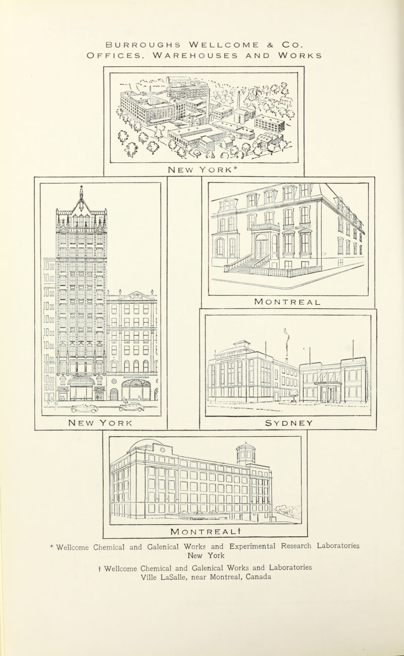 O F FicEs. Warehouses and Works New York * New York Montreal Sydney MONTREALt * Wellcome Chemical and Galenical Works and Experimental Research Laboratories New York t Wellcome Chemical and Galenical Works and Laboratories Ville LaSalle, near Montreal, Canada