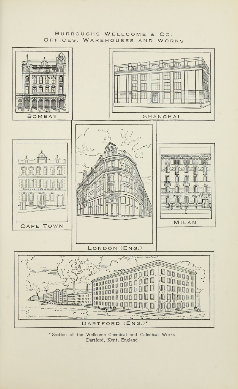 Offices. Warehouses and Works O Q Qi O O Oi B ffl H BU R Rp U G MS WELt-COME S CO CAPE Town LoN DON (Eng.) M 1 LA n DDDDlDDDj ' 'a ' / Dartford (Eng.)* * Section of the Wellcome Chemical and Galenical Works Dartford, Kent, England