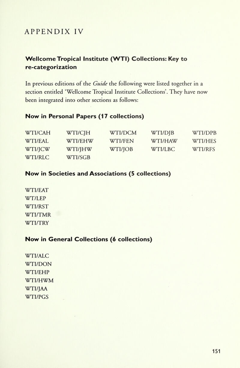 Wellcome Tropical Institute (WTI) Collections: Key to re-categorization In previous editions of the Guide the following were listed together in a section entitled 'Wellcome Tropical Institute Collections'. They have now been integrated into other sections as follows: Now in Personal Papers (17 collections) WTI/CAH WTI/EAL WTI/JCW WTI/RLC WTI/CJH WTI/EHW WTI/JHW WTI/SGB WTI/DCM WTI/FEN WTI/JOB WTI/DJB WTI/HAW WTI/LBC WTI/DPB WTI/HES WTI/RFS Now in Societies and Associations (5 collections) WTI/EAT WT/LEP WTI/RST WTI/TMR WTI/TRY Now in General Collections (6 collections) WTI/ALC WTI/DON WTI/EHP WTI/HWM WTI/JAA WTI/PGS