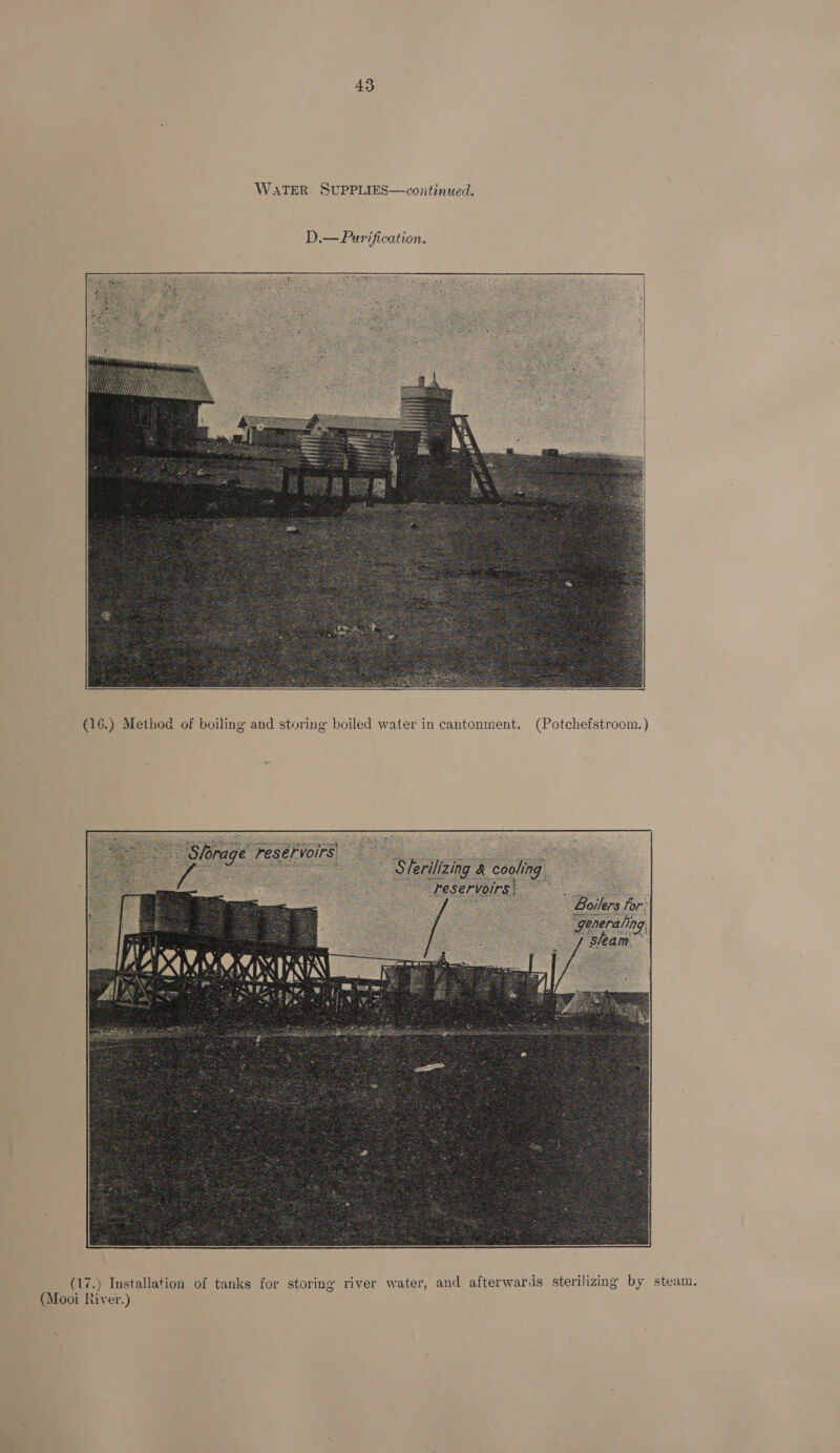 43 WATER SUPPLIES—continued.   (16.) Method of boiling and storing boiled water in cantonment. (Potchefstroom.) _— STerilizing &amp; cooling i festrigia oe, ae Boilers for:  (17.) Installation of tanks for storing river water, and afterwards sterilizing by steam. (Mooi River.)