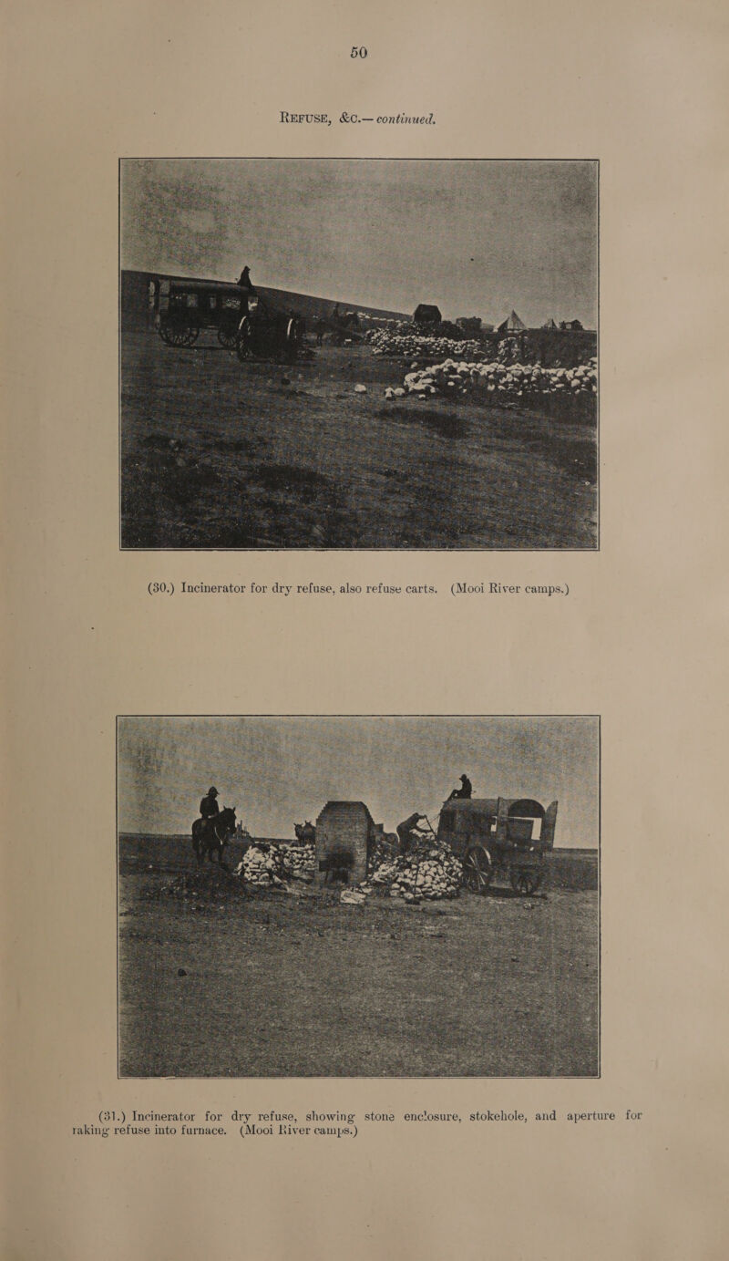  (30.) Incinerator for dry refuse, also refuse carts. (Mooi River camps.)    (31.) Incinerator for dry refuse, showing stone enclosure, stokehole, and aperture for raking refuse into furnace. (Mooi River camps.)