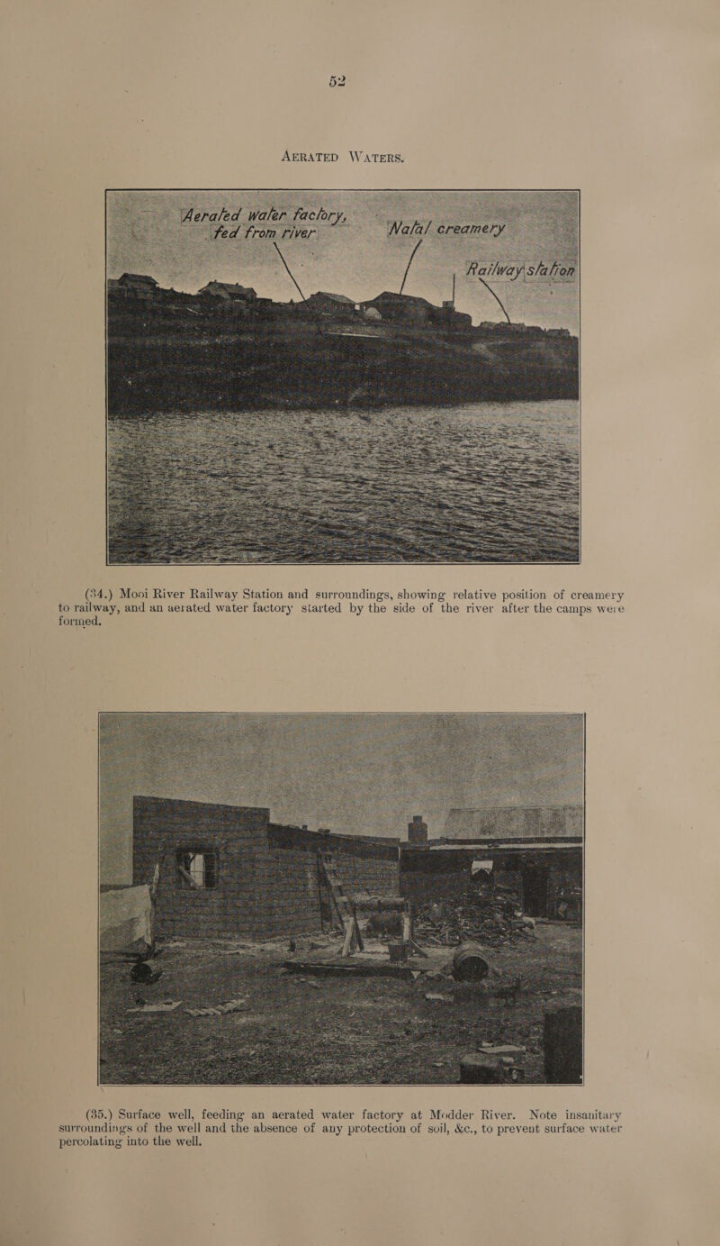   (54.) Mooi River Railway Station and surroundings, showing relative position of creamery to railway, and an aerated water factory started by the side of the river after the camps were formed.     (35.) Surface well, feeding an aerated water factory at Modder River. Note insanitary swroundings of the well and the absence of any protection of soil, &amp;c,, to prevent surface water percolating into the well.