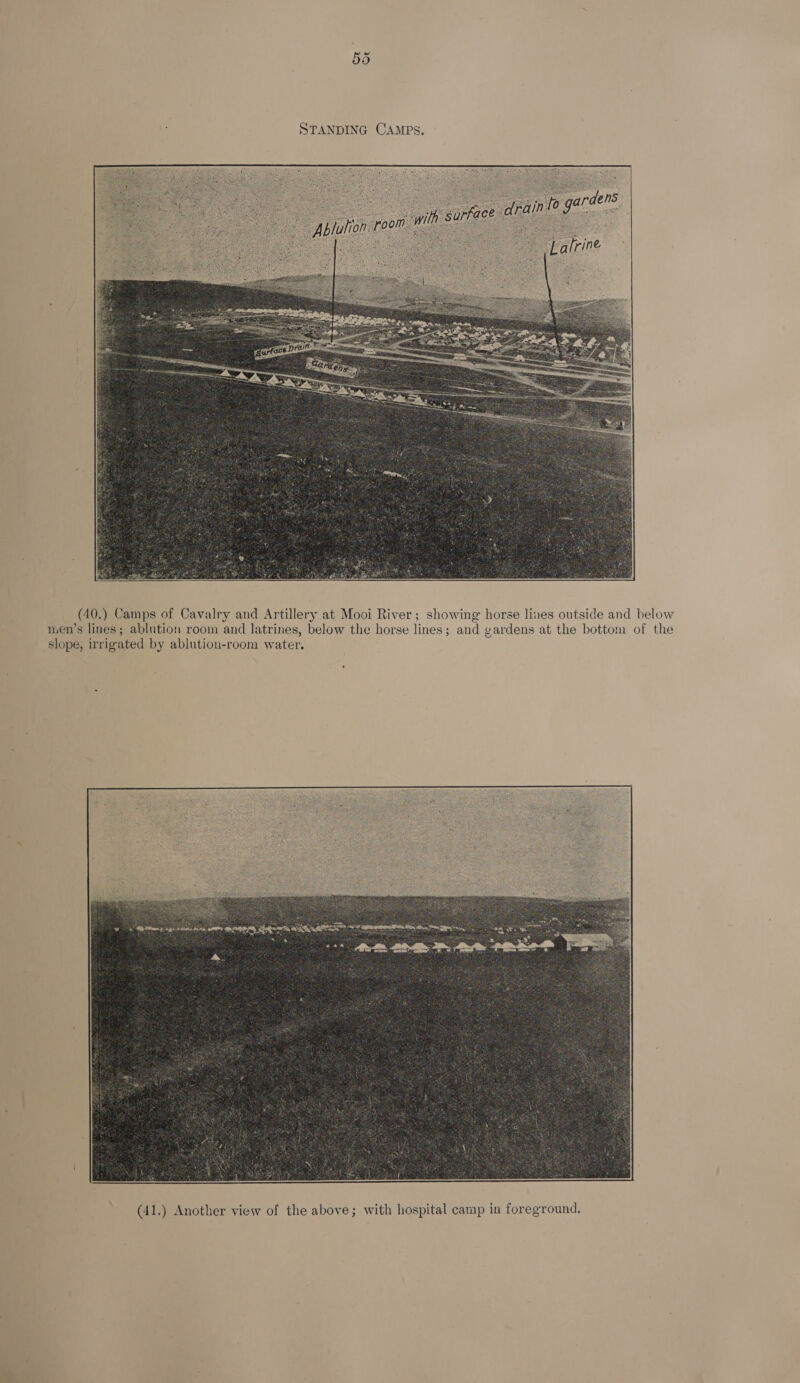 5d  (40.) Camps of Cavalry and Artillery at Mooi River; showing horse lines outside and below men’s lines; ablution room and latrines, below the horse lines; and gardens at the bottom of the slope, irrigated by ablution-room water. 